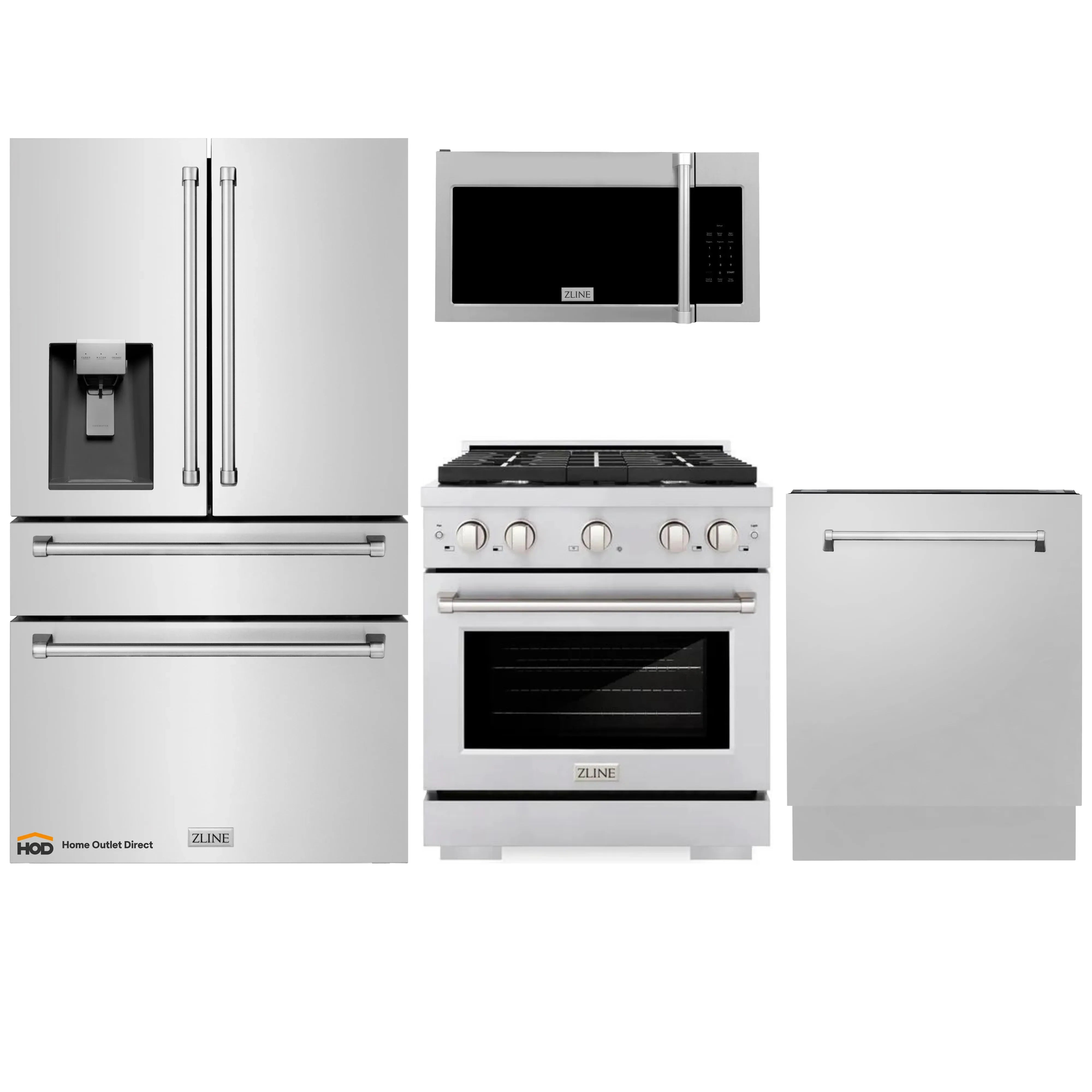 Stainless steel 4-piece appliance set: refrigerator, gas range, dishwasher, microwave