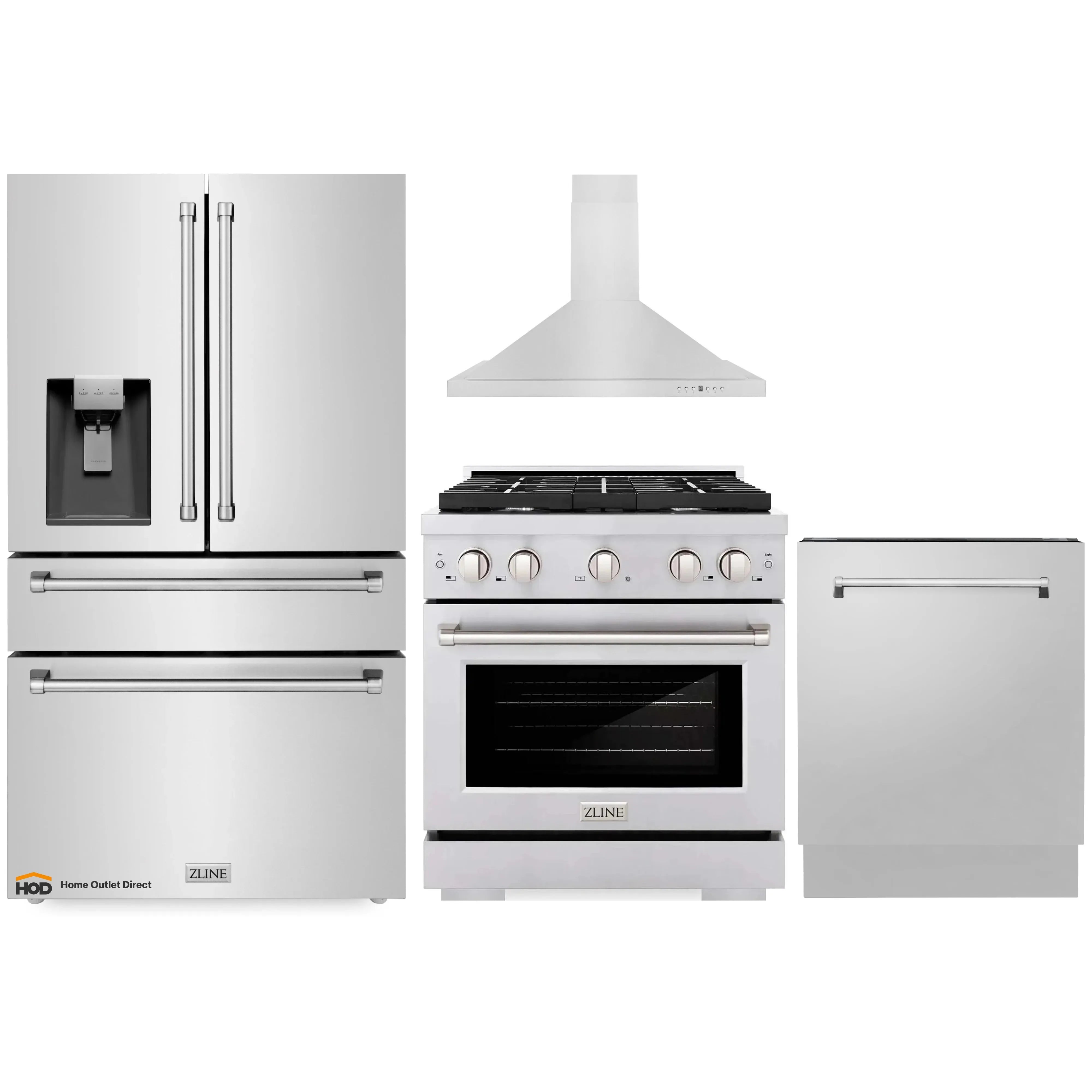 Stainless steel appliance package showing refrigerator, gas range, hood, and dishwasher
