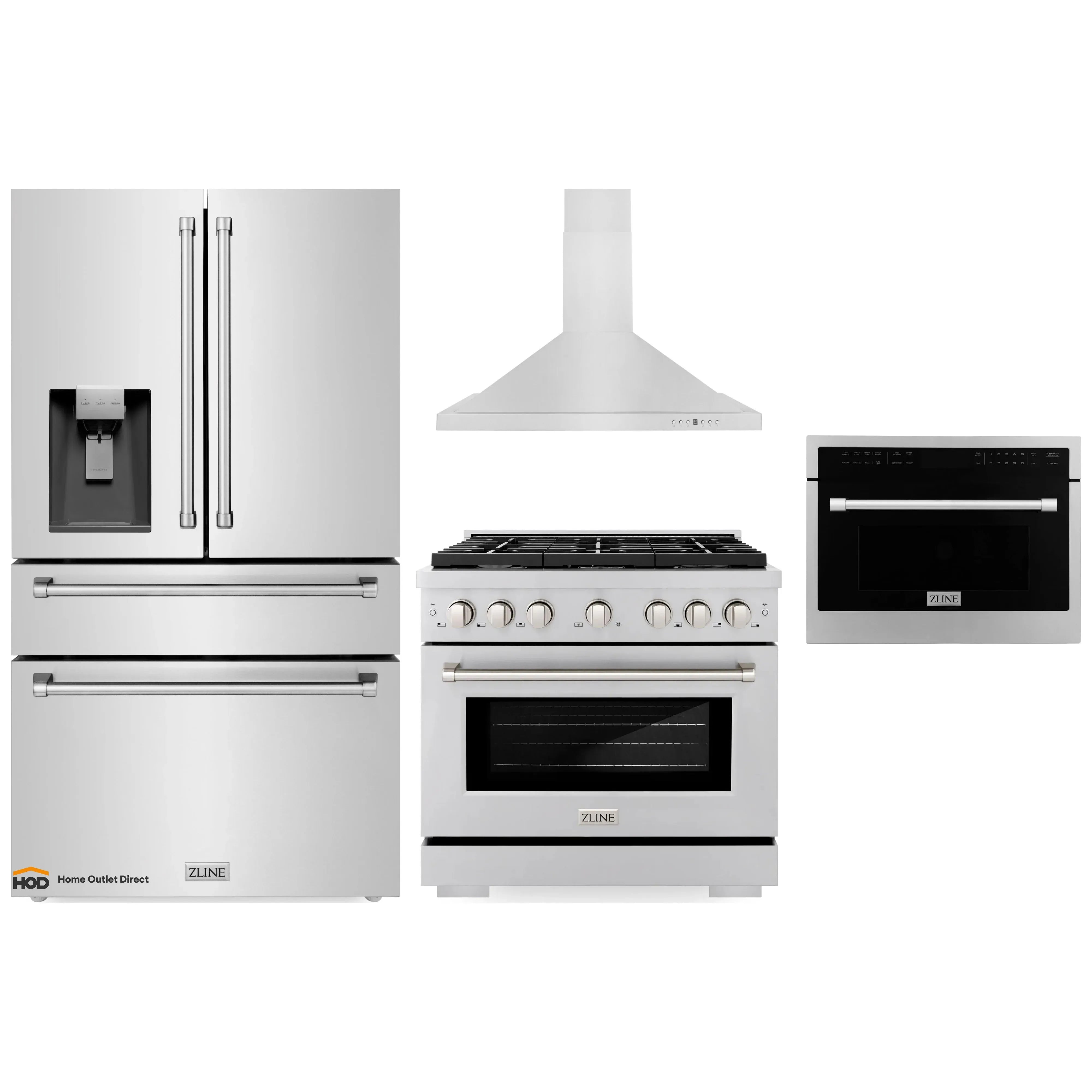 Stainless steel appliance package with refrigerator, range, hood, and built-in microwave