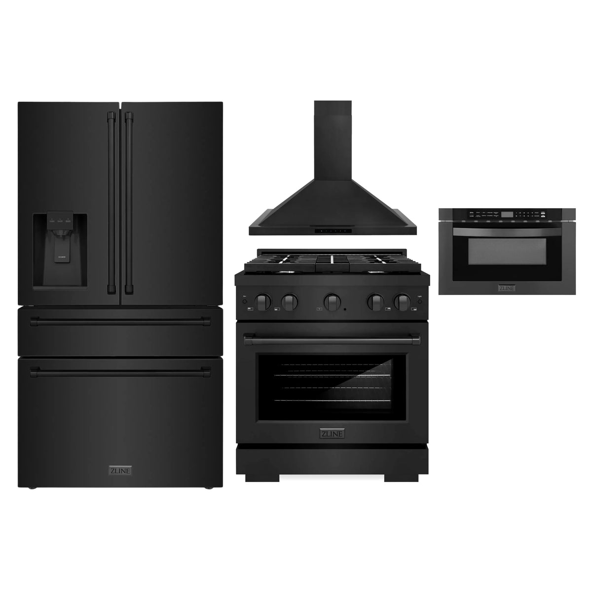 ZLINE 4-Piece Appliance Package - 30-Inch Gas Range, Refrigerator with Water Dispenser, Convertible Wall Mount Hood, and Microwave Drawer in Black Stainless Steel (4KPRW-SGRBRH30-MWD)