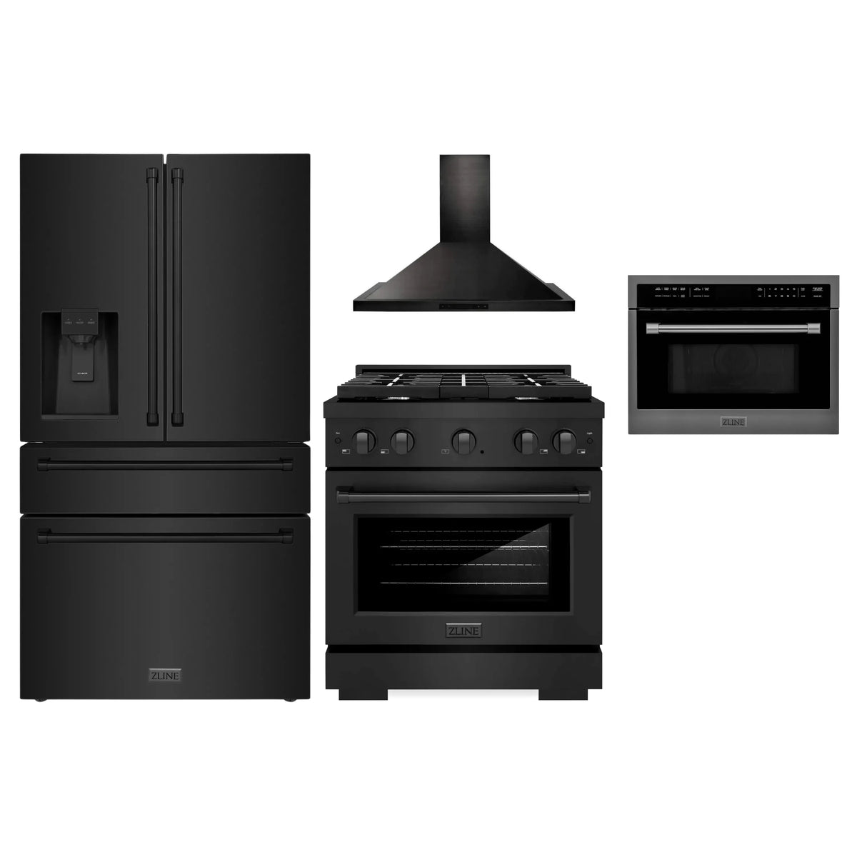 ZLINE 4-Piece Appliance Package - 30-Inch Gas Range, Refrigerator with Water Dispenser, Convertible Wall Mount Hood, and Microwave Oven in Black Stainless Steel (4KPRW-SGRBRH30-MWO)
