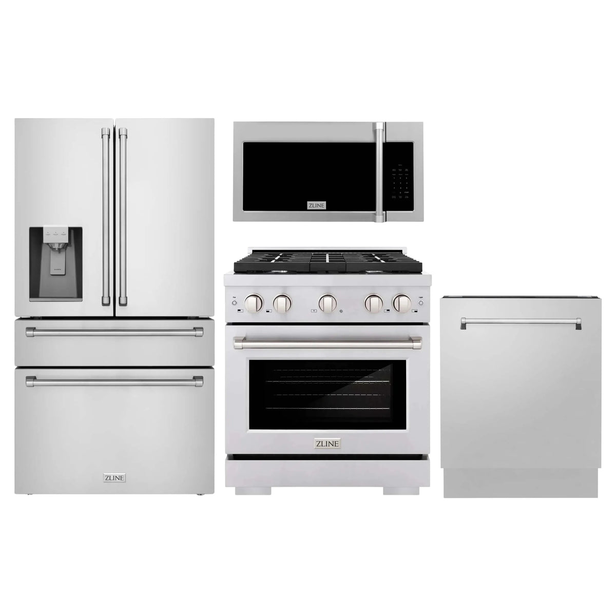ZLINE 4-Piece Appliance Package - 30-Inch Gas Range, Refrigerator with Water Dispenser, Tall Tub Dishwasher, & Over-the-Range Microwave in Stainless Steel (4KPRW-SGROTRH30-DWV)
