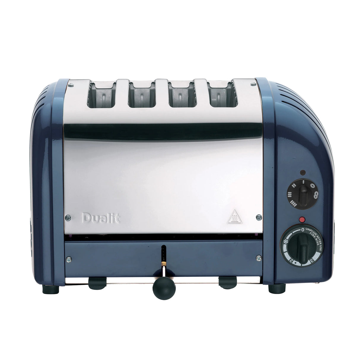Lavender-blue Dualit 4-slice toaster with lever, crumb tray, and browning dials