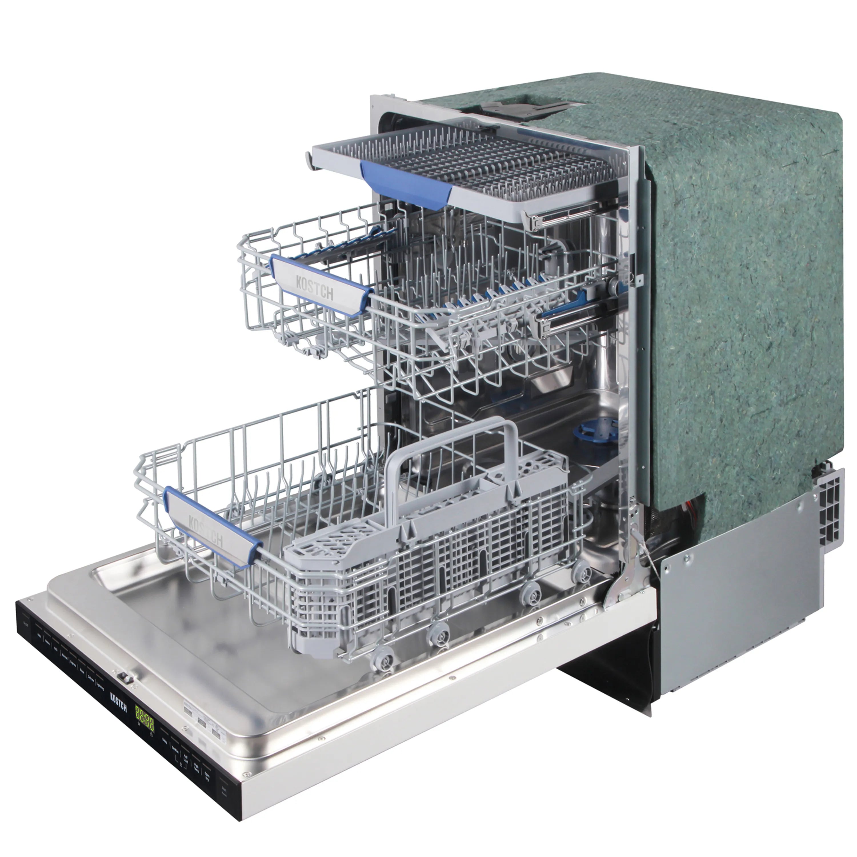 Dishwasher open at an angle showing interior racks and blue basket accents