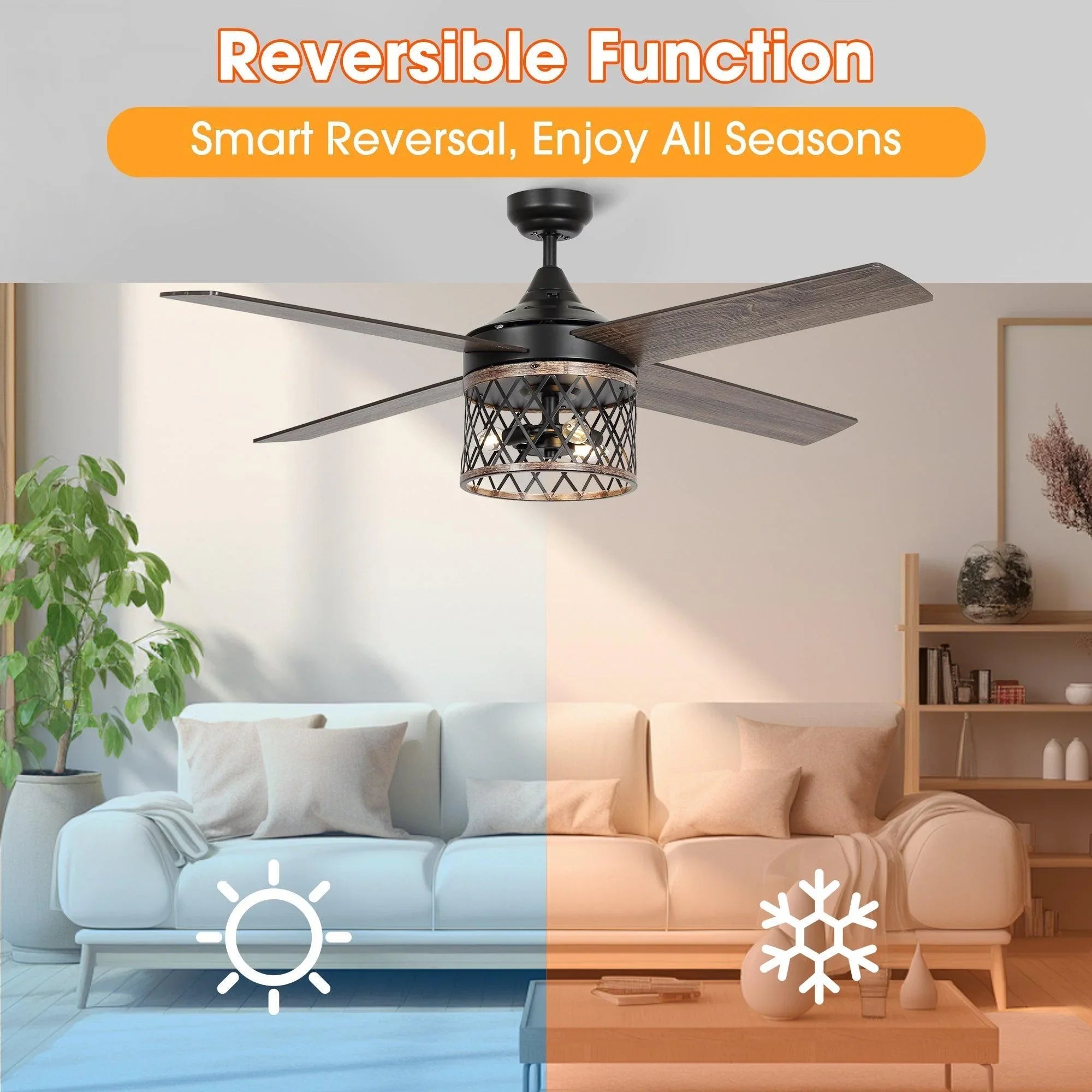 Black ceiling fan with caged light and wood-toned blades above sofa.