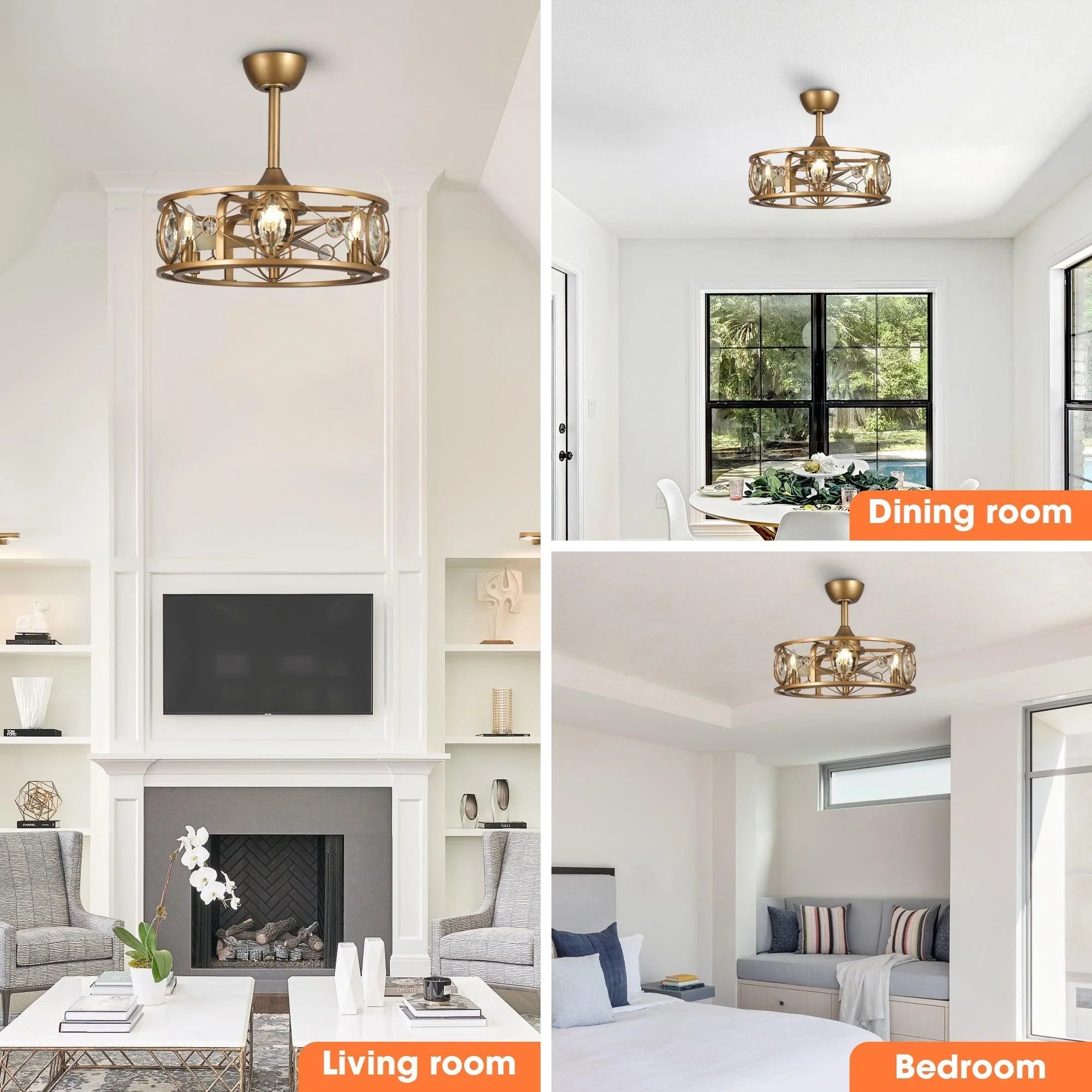 Golden crystal cage ceiling fan chandelier styled for living room, bedroom, and dining