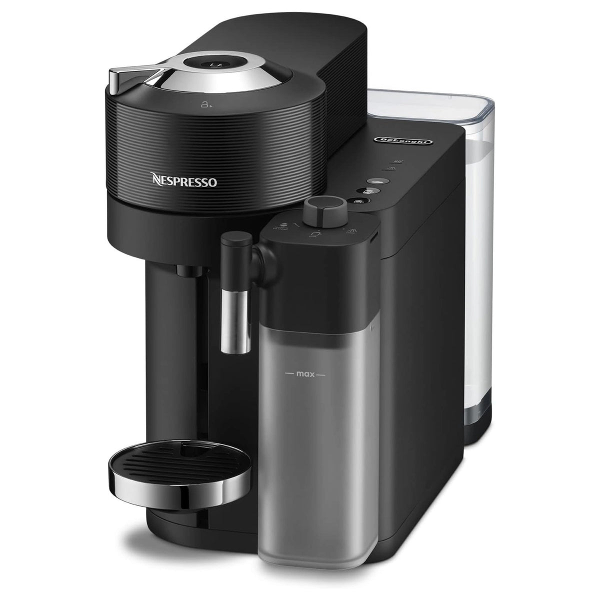 Black Nespresso Vertuo coffee machine with removable milk container and drip tray