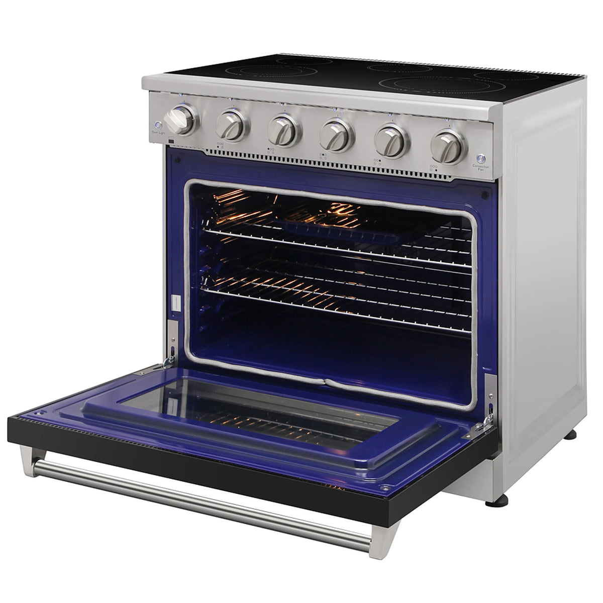 Kostch electric range with open oven door and blue interior racks