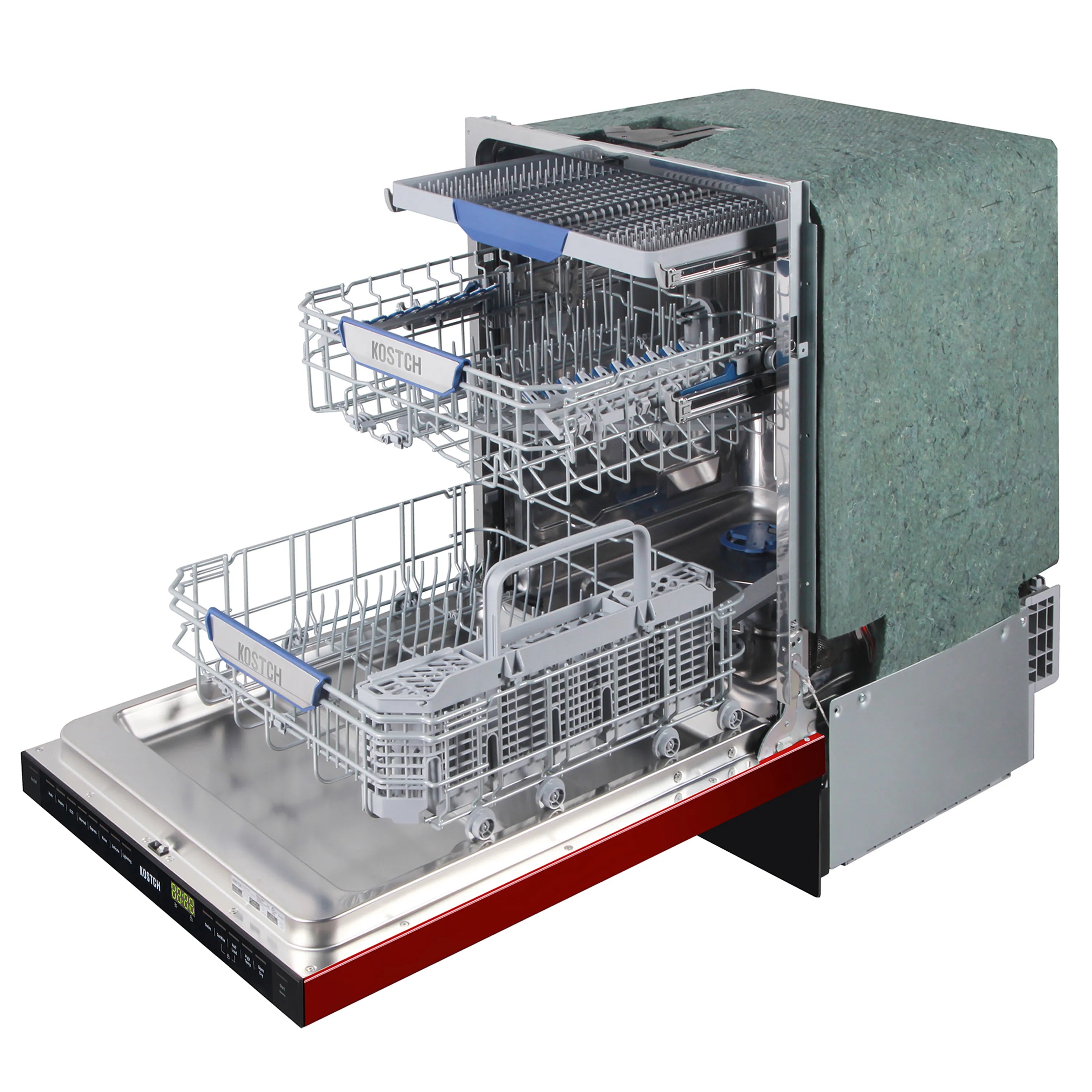 Kostch red built-in dishwasher open with multiple wire racks