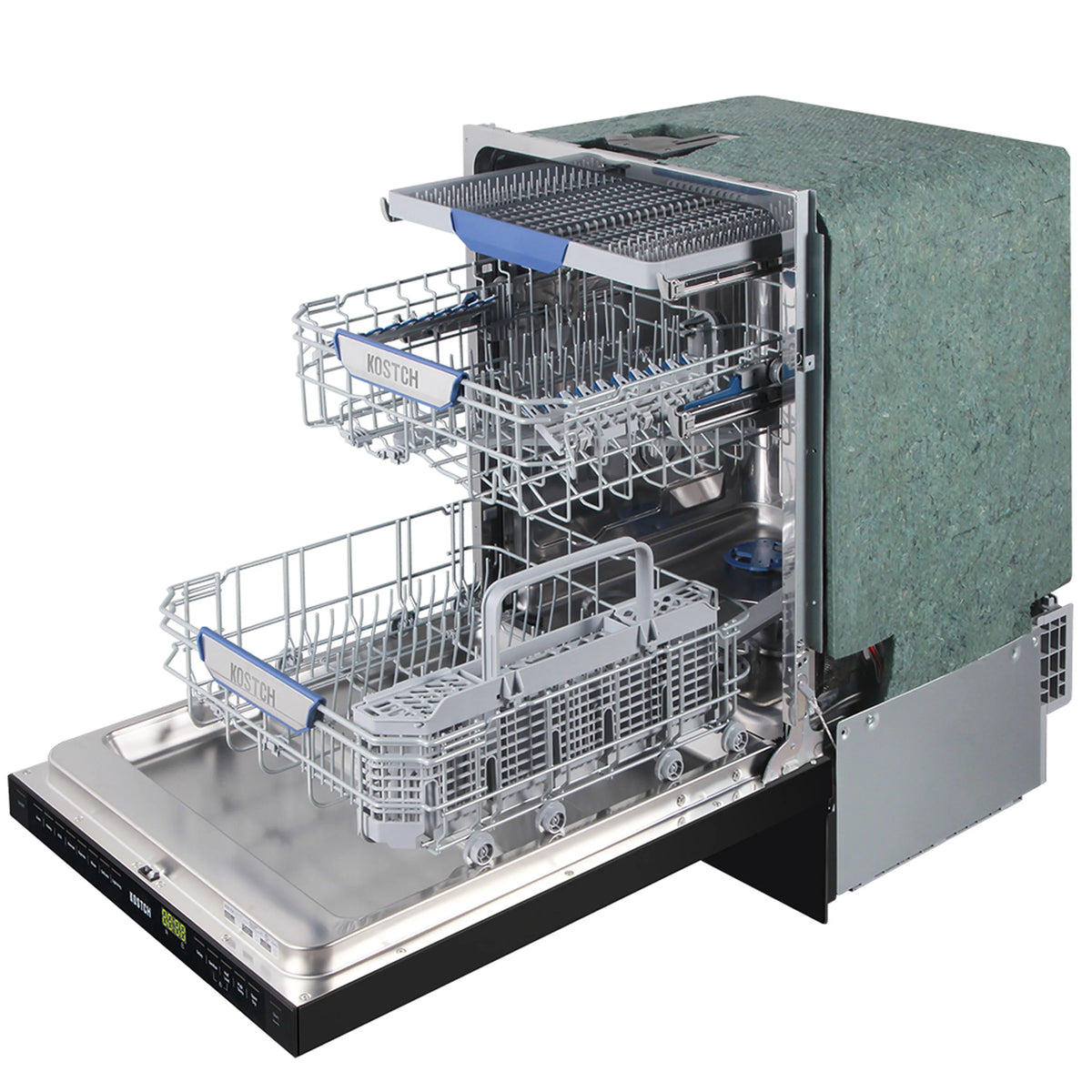 Black 24-inch top control built-in dishwasher with open racks and stainless interior