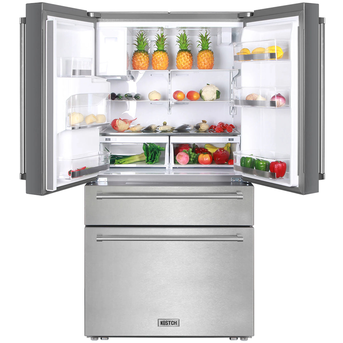 Stainless steel counter-depth refrigerator door open with shelves and produce storage