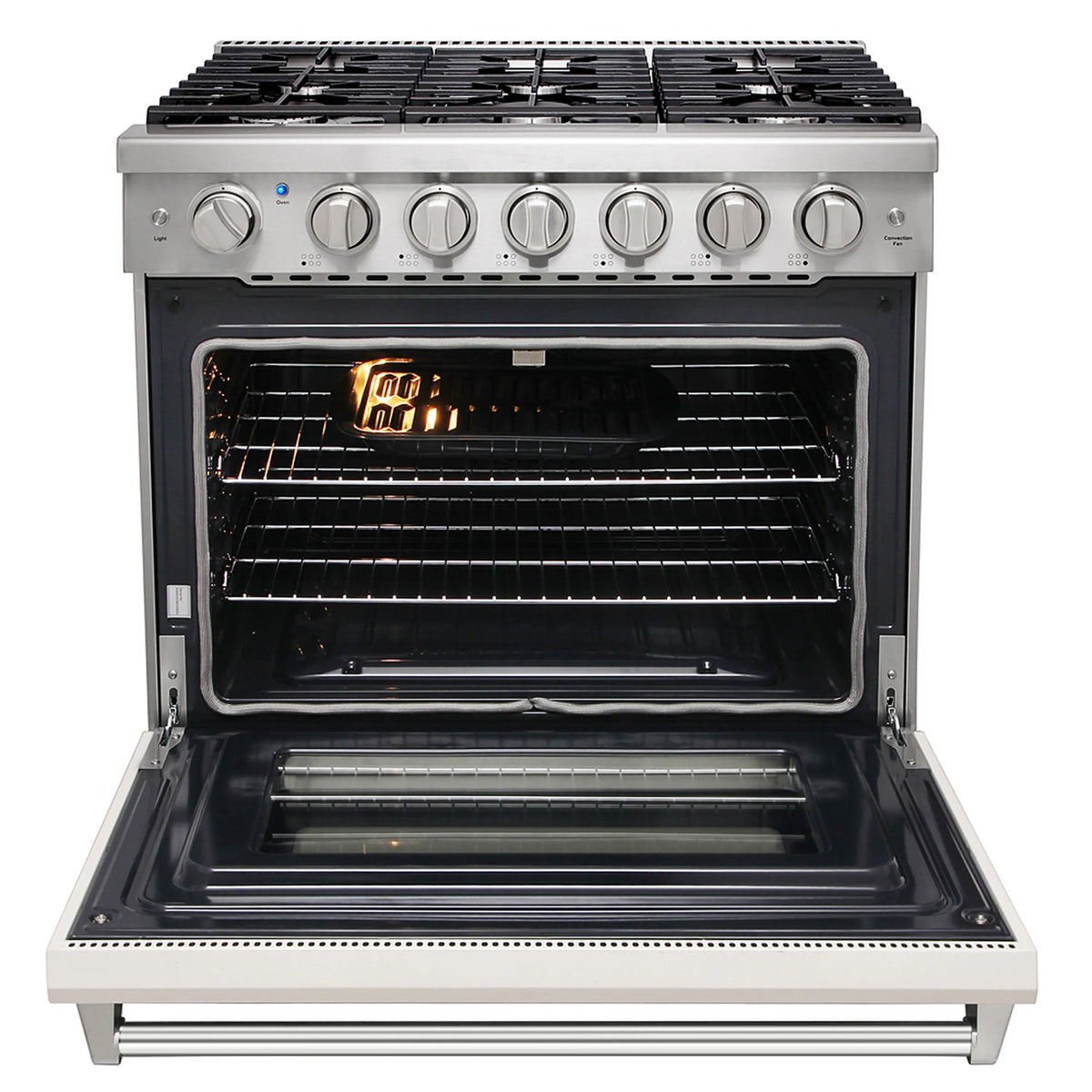 White gas range front with six burner knobs and open convection oven with wire racks