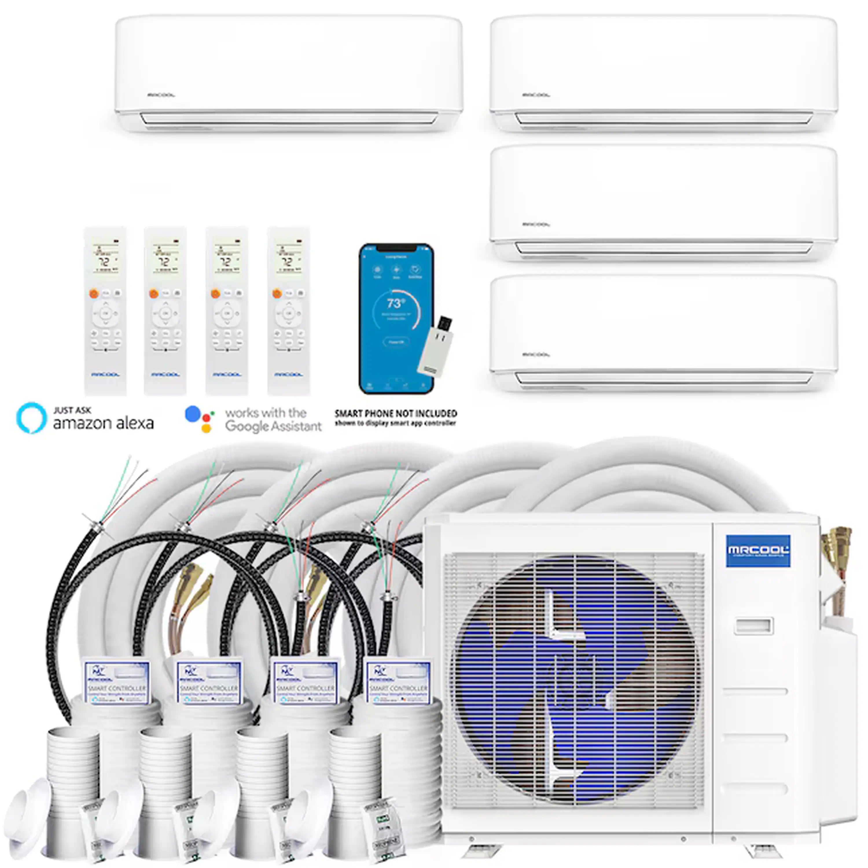 MRCOOL 4-zone ductless mini-split kit with four white wall indoor units and outdoor condenser