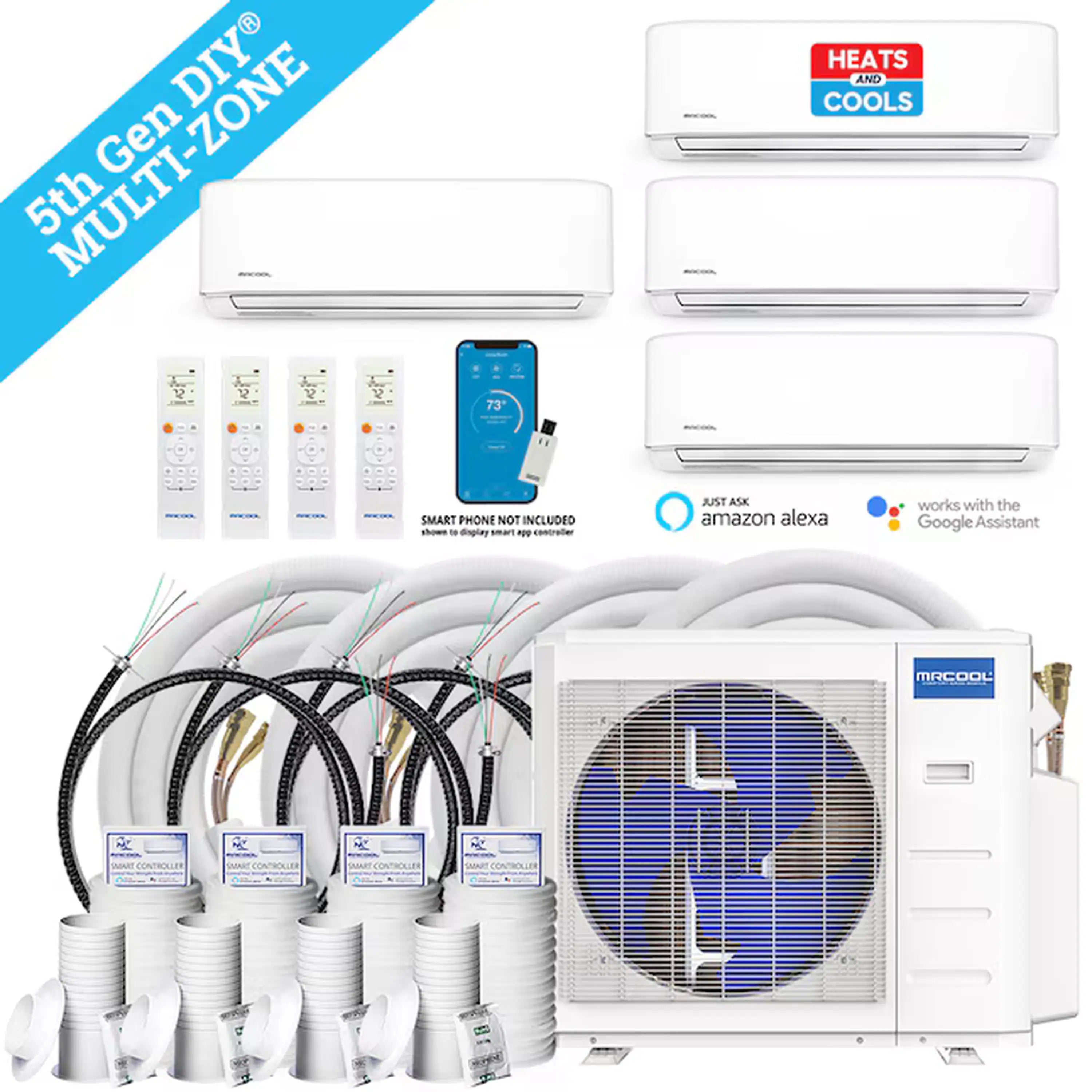 4-zone ductless mini split heat pump system with four white wall indoor units and accessories