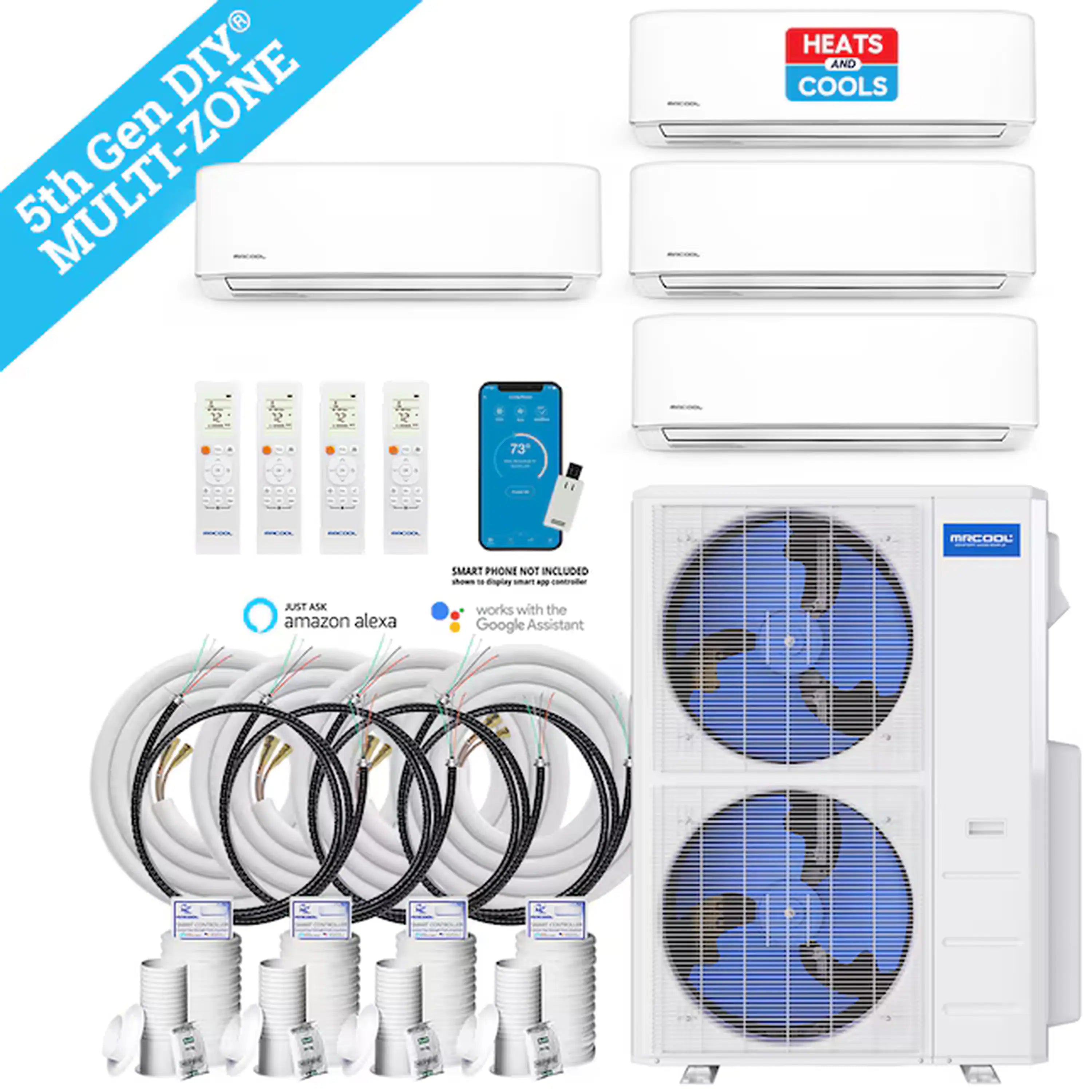 Set of four white MRCOOL mini split indoor units, remote, and copper line set