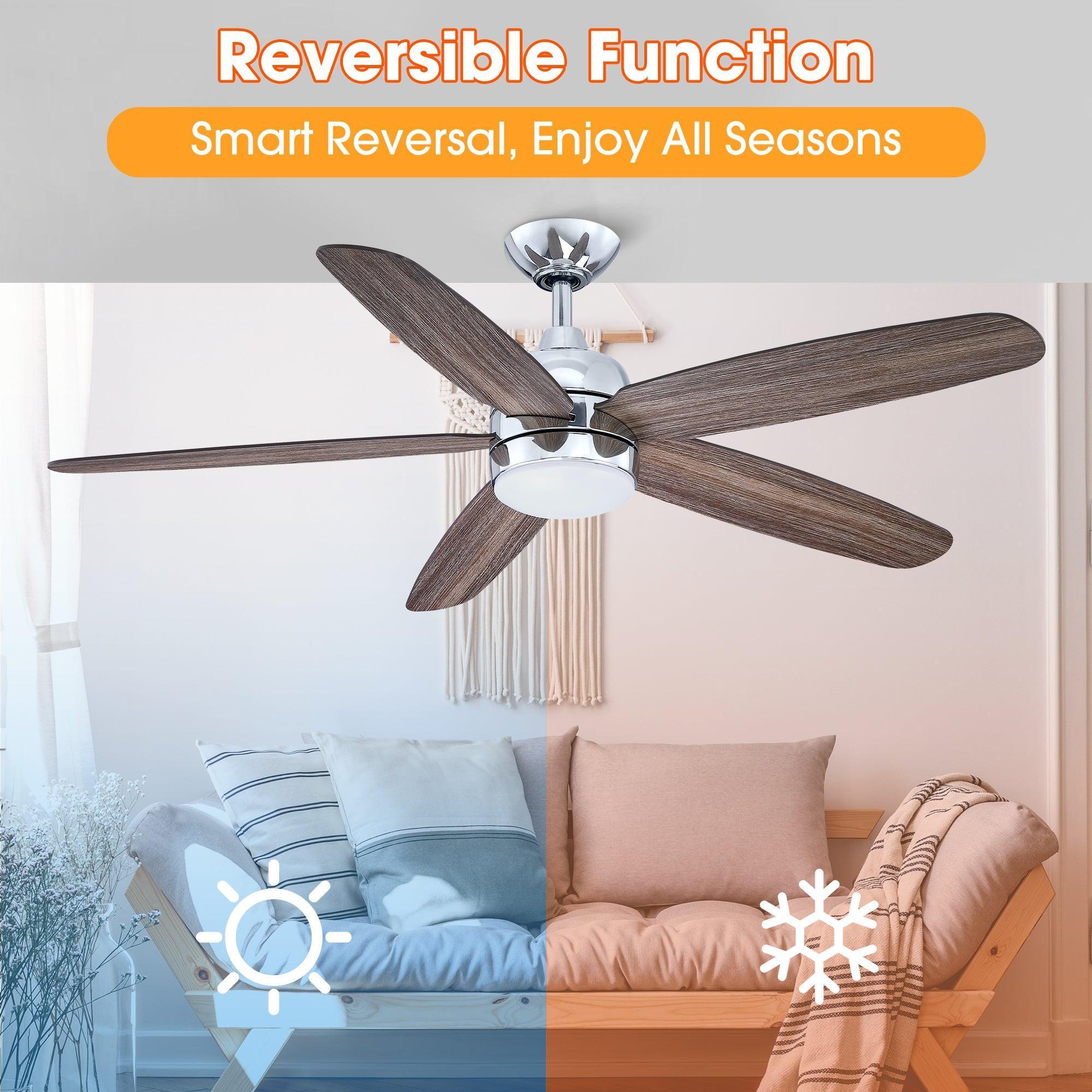 Farmhouse ceiling fan with chrome downrod, dark wood reversible blades, and integrated light