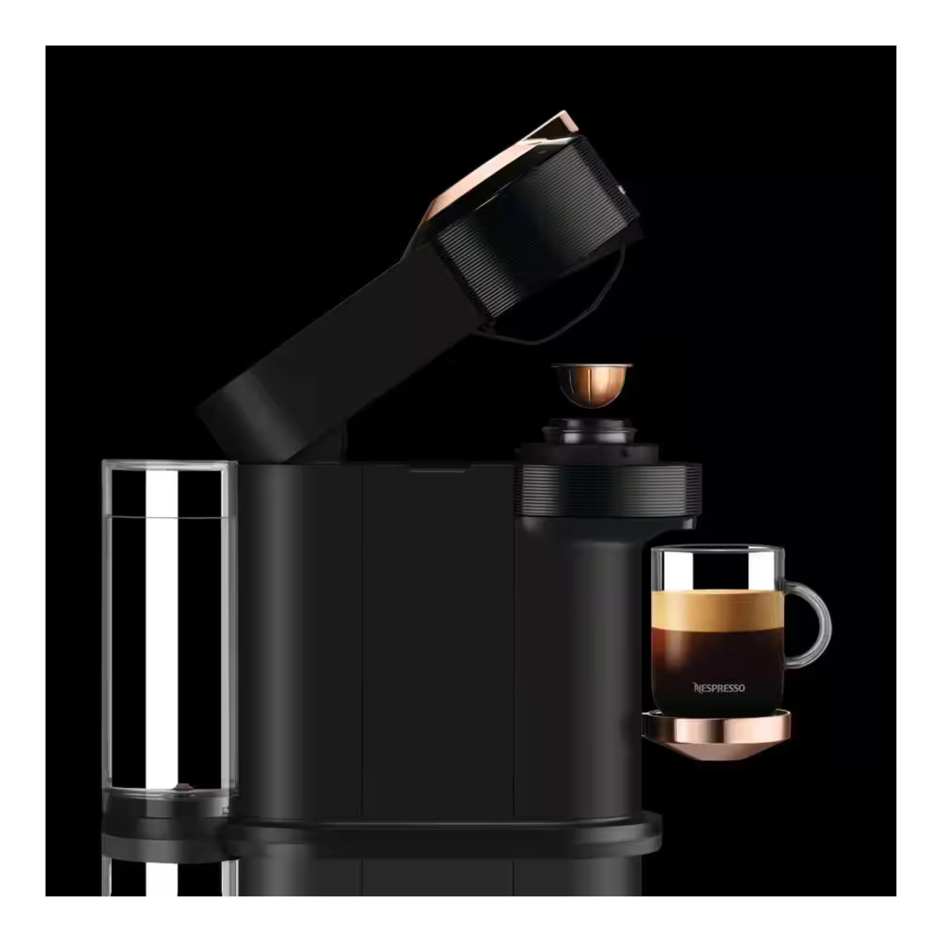 Black Nespresso Vertuo Next coffee maker with Rose Gold Aeroccino 3 frother and mug