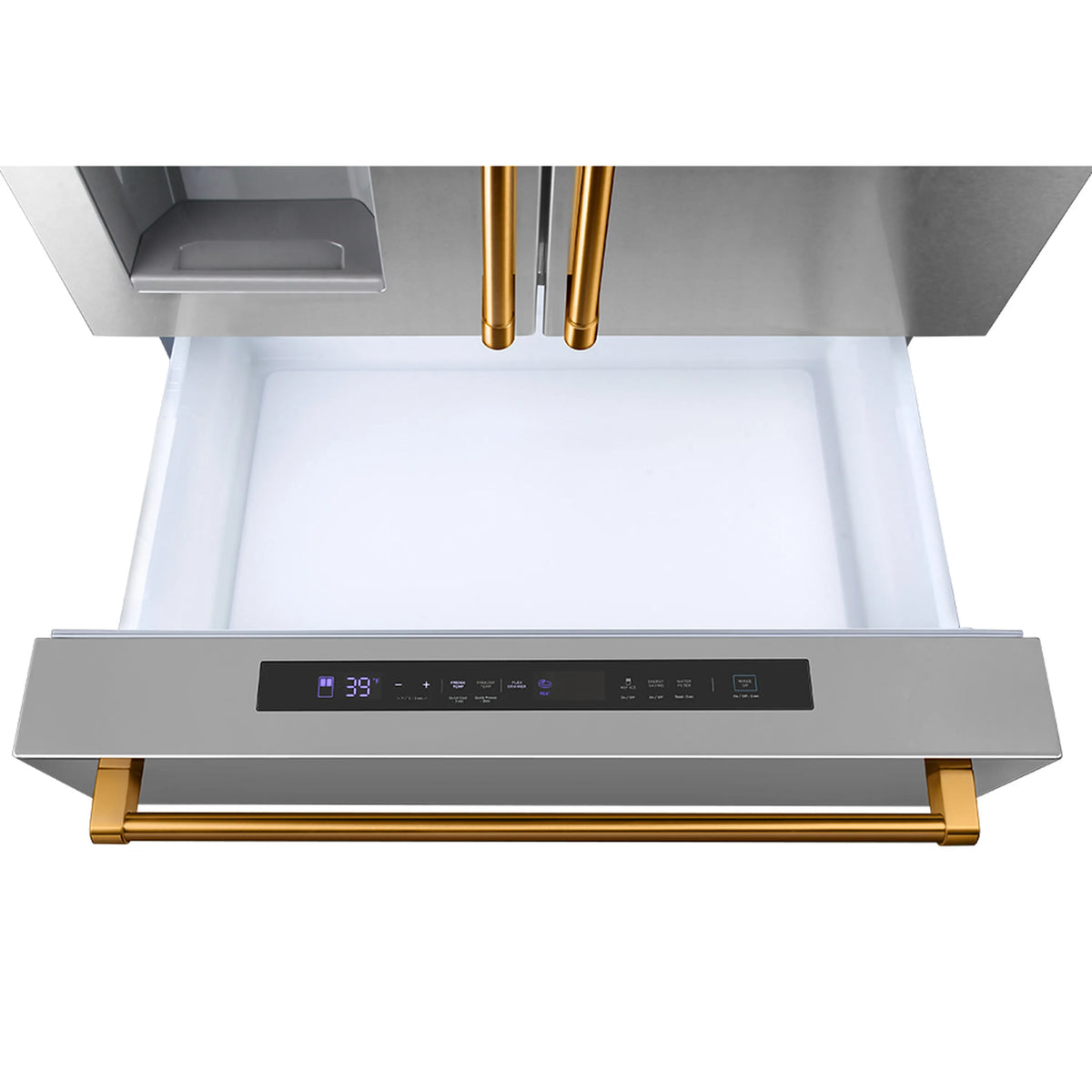 Top ice and water dispenser with control panel and bronze handle bar on stainless steel
