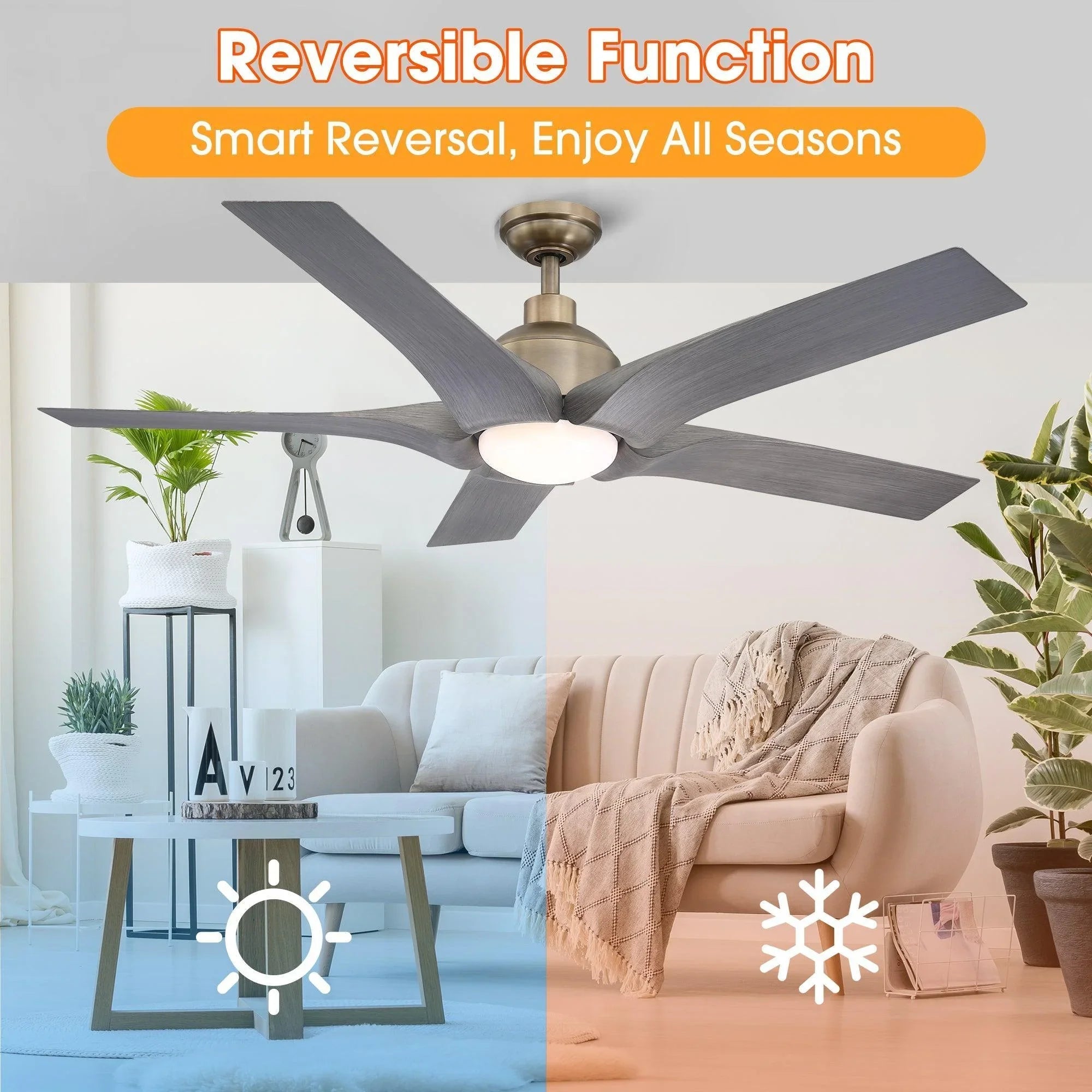 Reversible function ceiling fan with integrated light, 5 blades, dual-season comfort