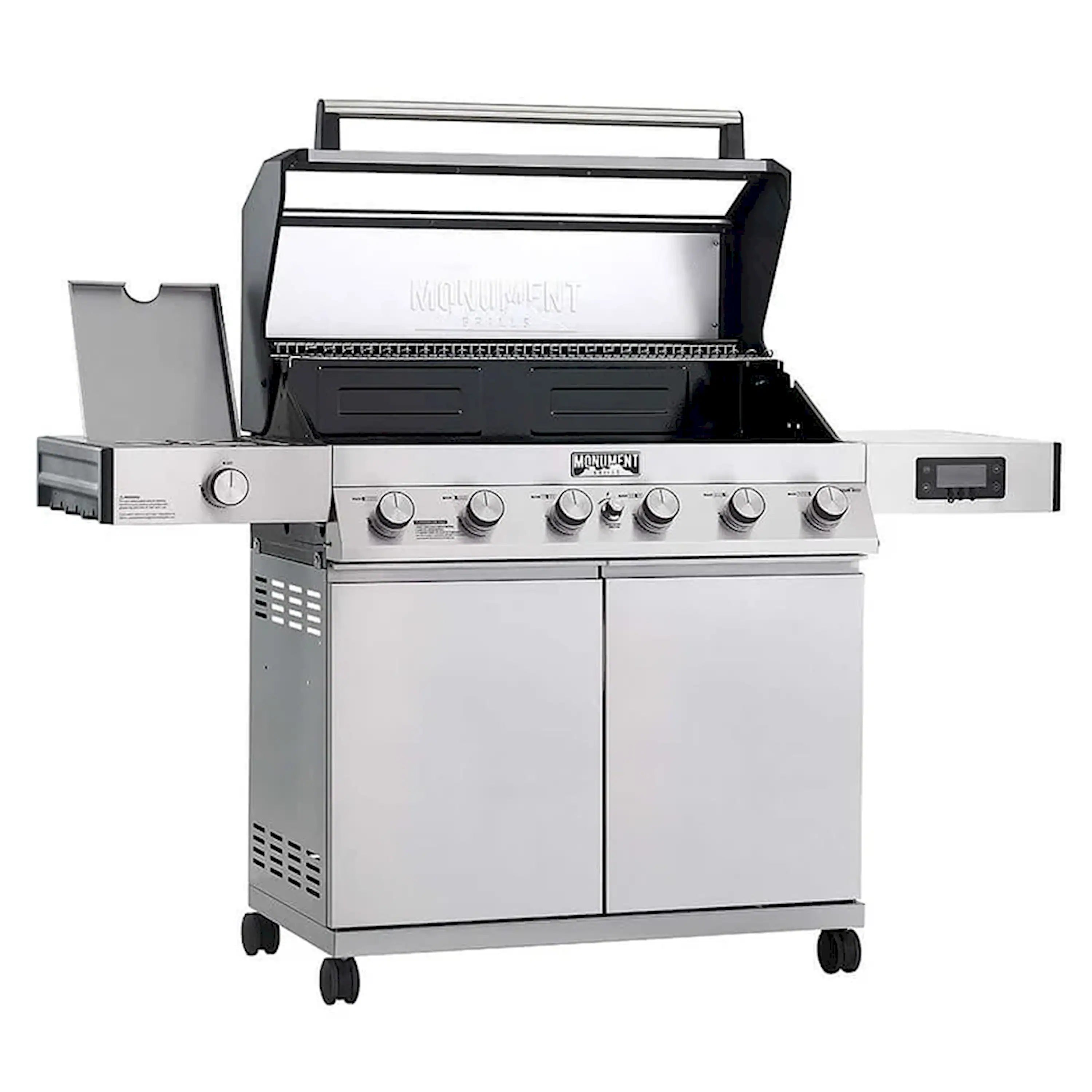 Stainless steel Monument gas grill with lid open, front control panel and grates