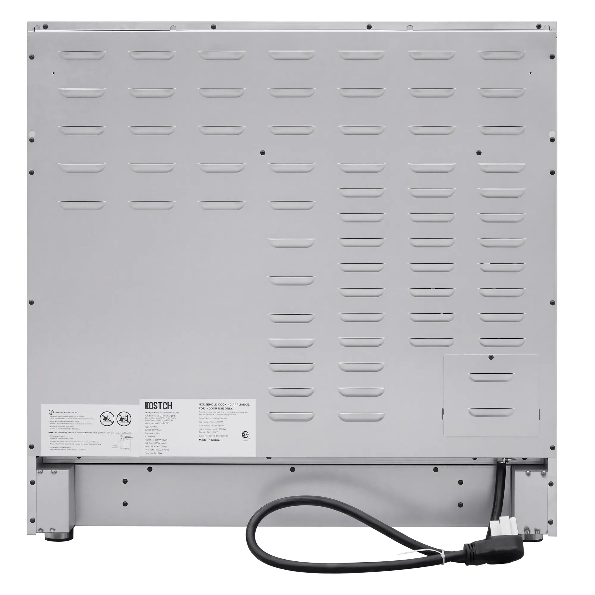 Underside panel of electric range with vents, label sticker, and exposed wiring