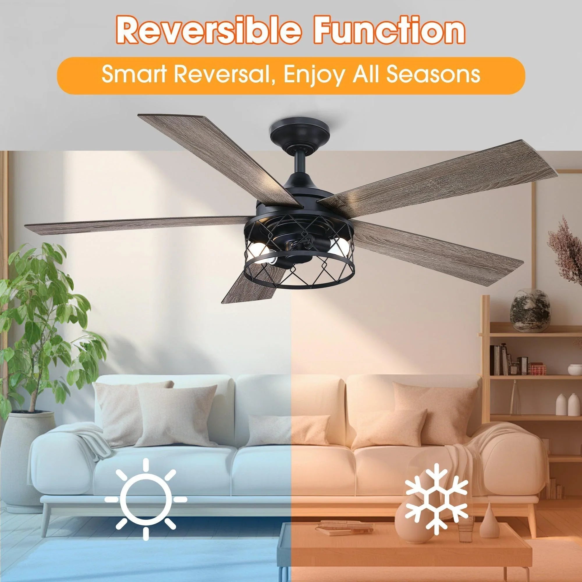 Black five-blade ceiling fan with reversible wood-tone blades and hanging light cage