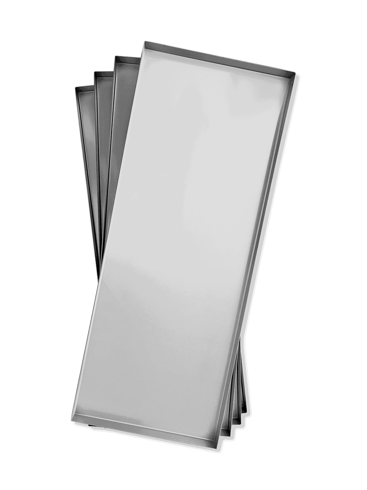 Stack of stainless steel freeze dryer trays with smooth rectangular surfaces