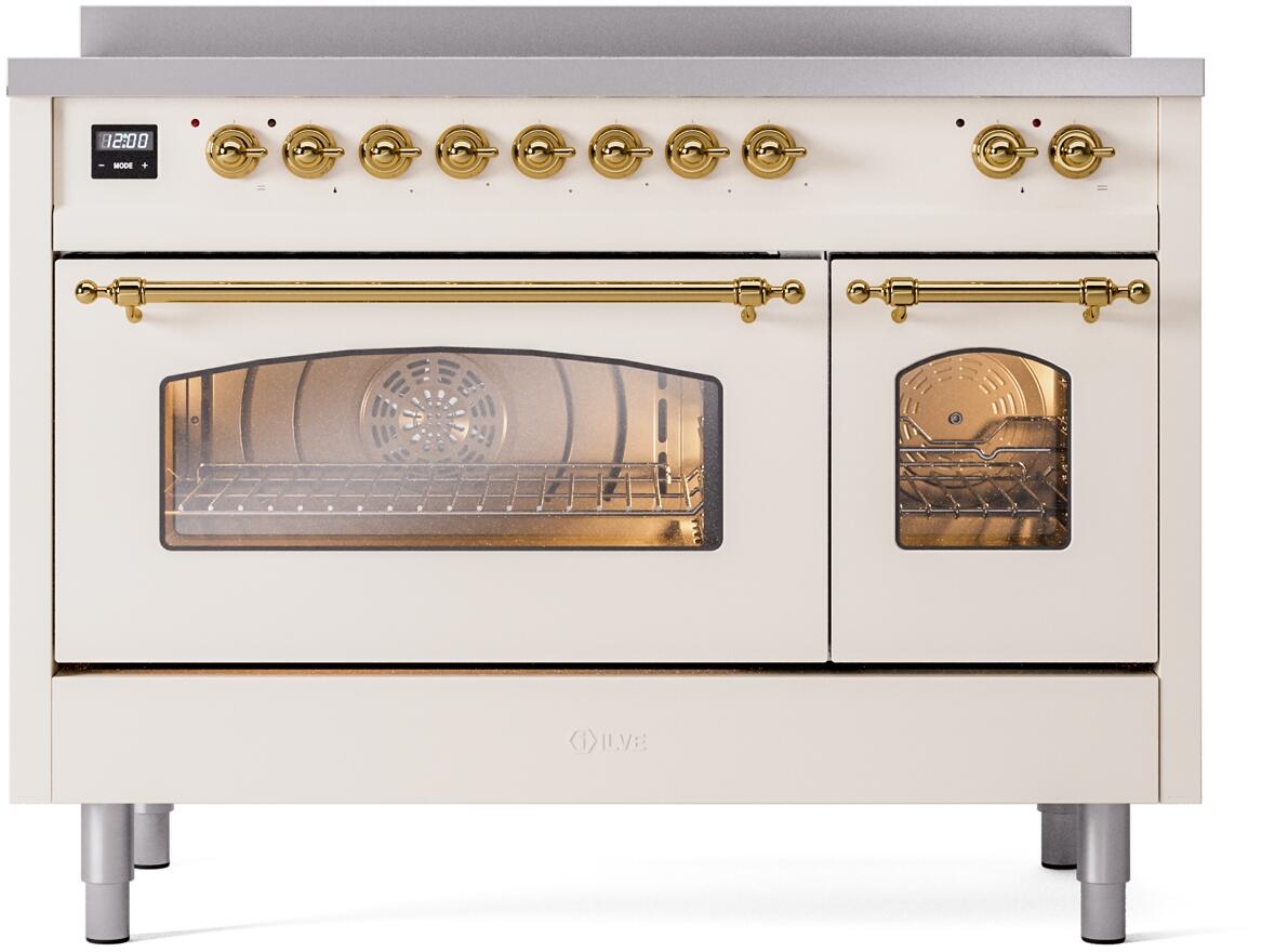 Freestanding electric induction range front view with antique white doors and brass trim