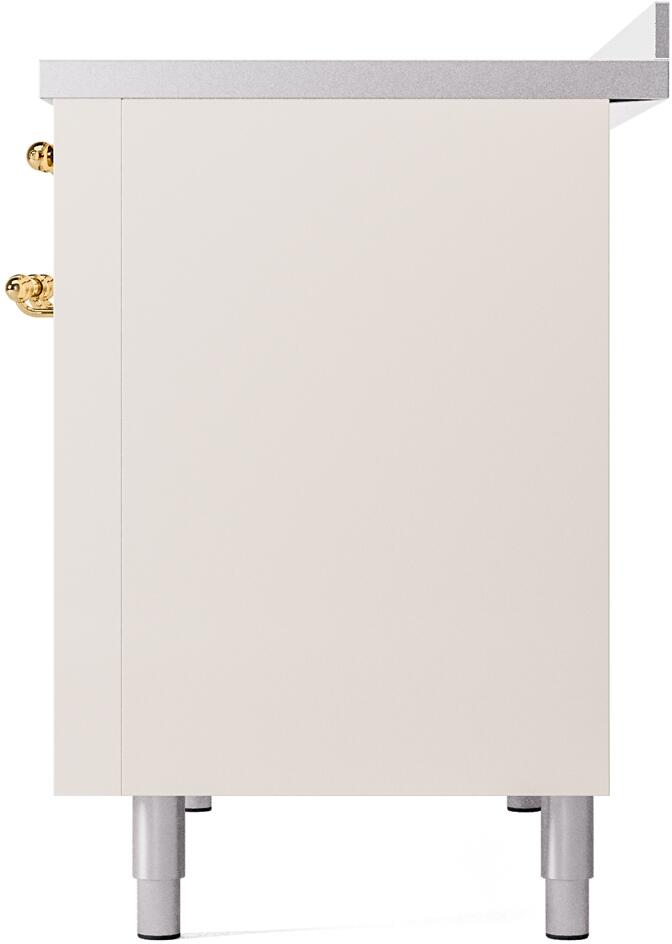 Antique white side panel of electric induction range with brass handle and silver leveling feet