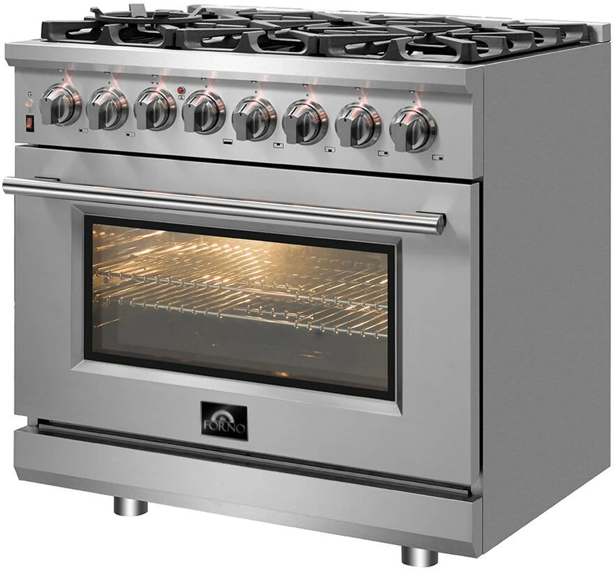 Stainless dual fuel range side-front view with control knobs and lit oven