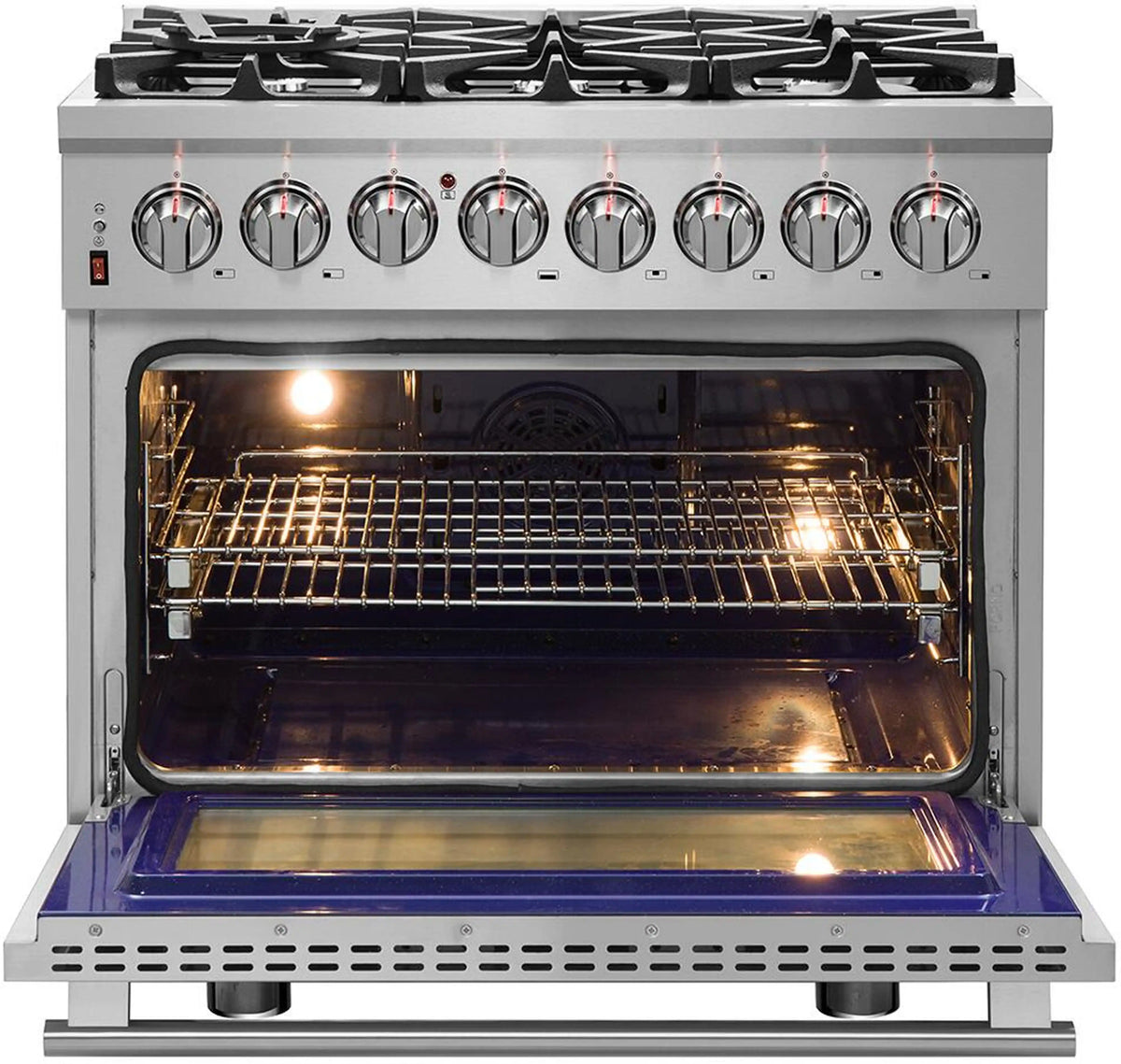 Stainless steel dual fuel range with open oven door and lit bake oven interior