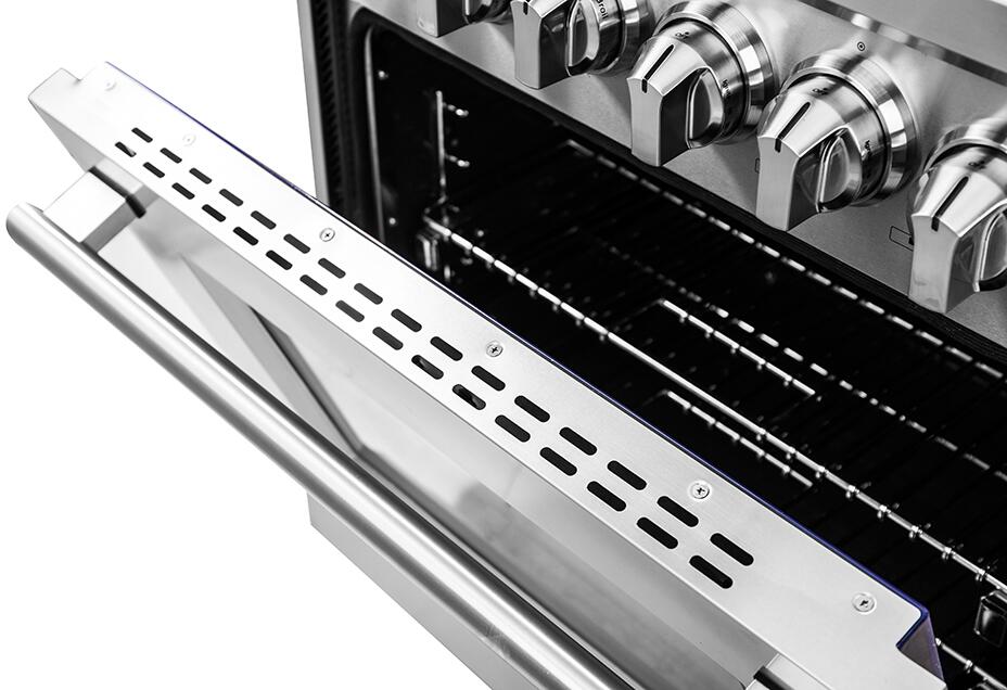 Stainless steel oven and cooktop front panel with vented heat shield