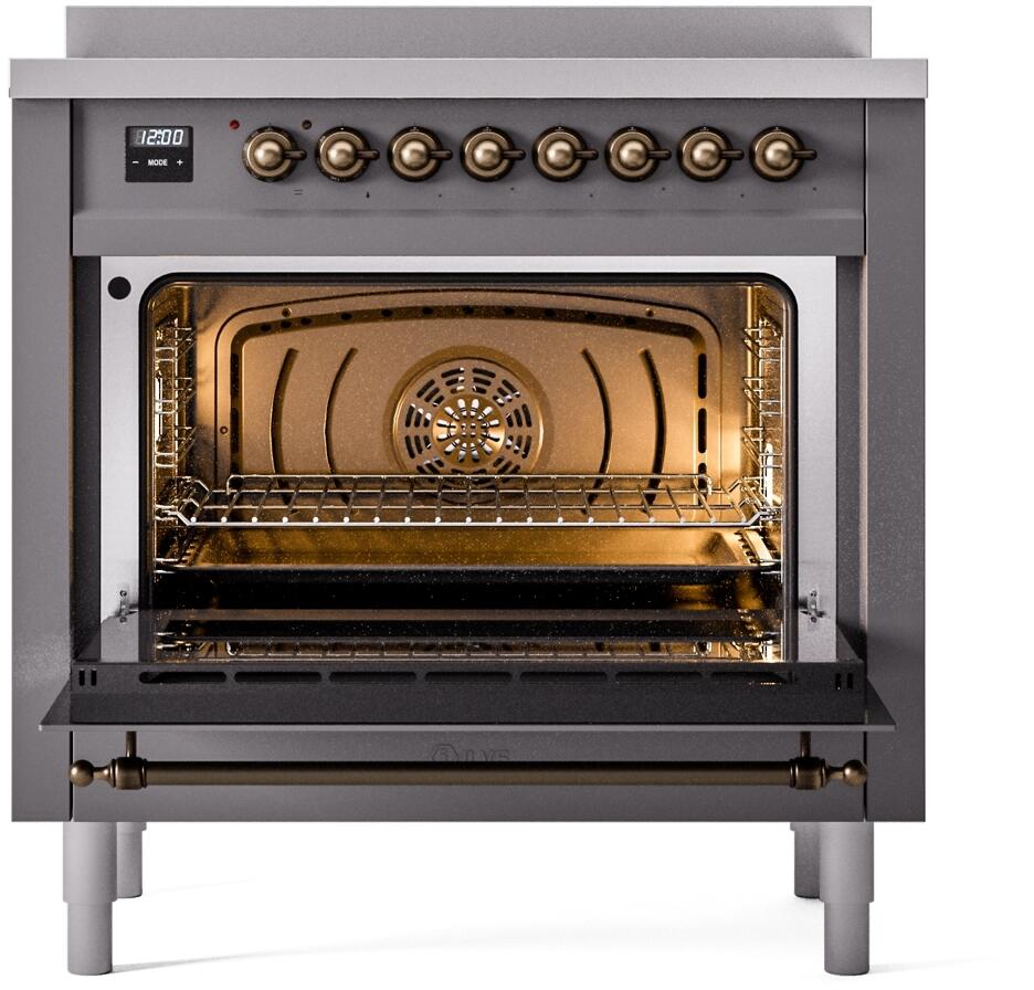 Freestanding induction oven with open door showing wire rack inside