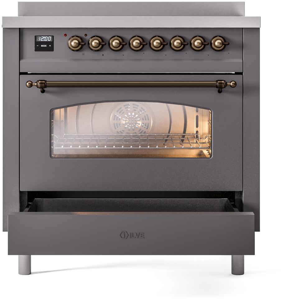 Freestanding induction range with bronze handle and glass oven door window
