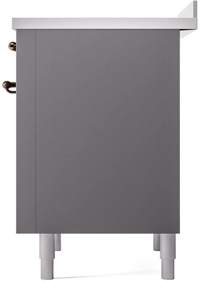 Matte graphite rear side panel of freestanding induction range with leveling legs