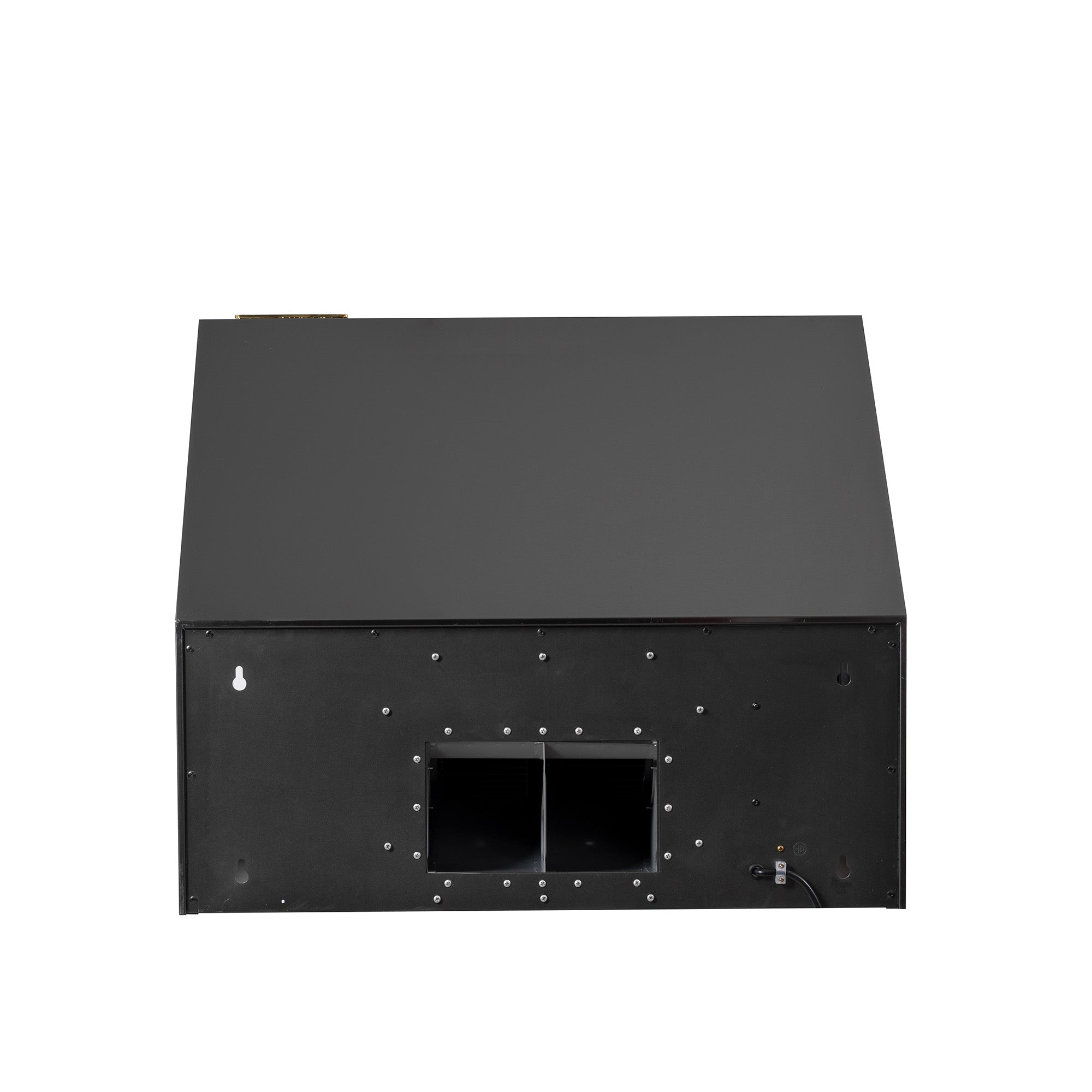 Under-cabinet range hood back panel with mounting holes and square duct opening.