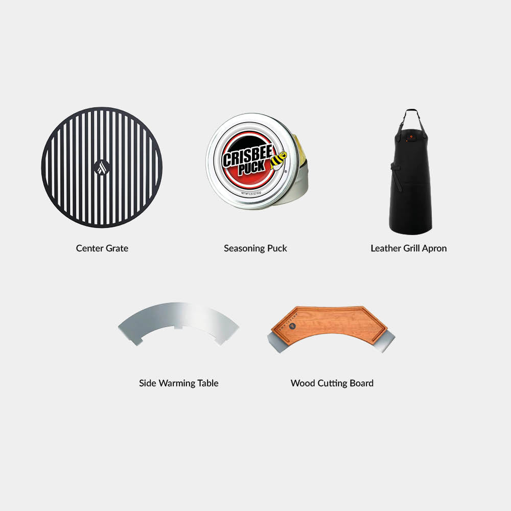 Accessory icons: center grate, seasoning puck, leather grill apron, side warming table, board
