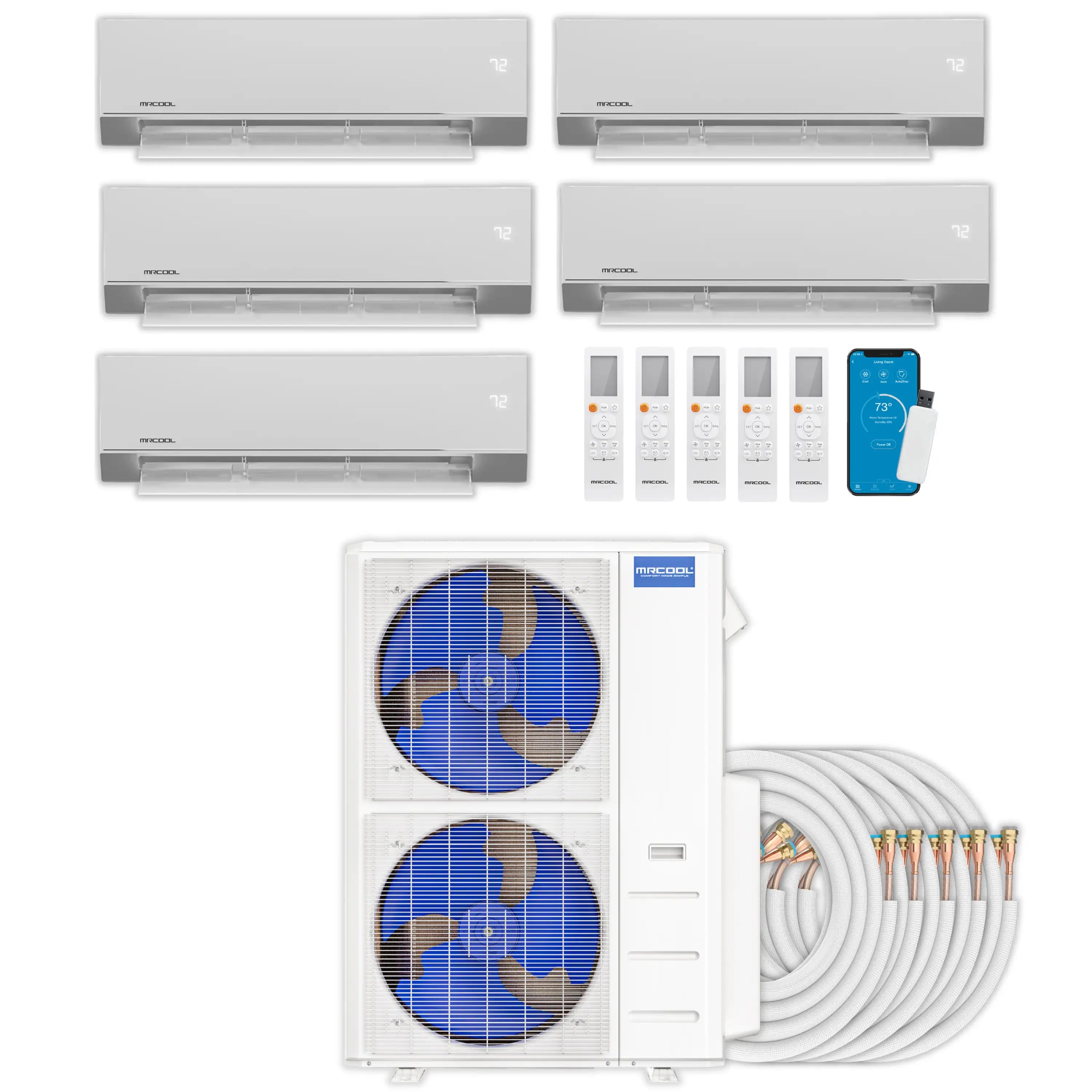 Multi-zone mini split system with wall indoor units, outdoor condenser, remote, and tubing.