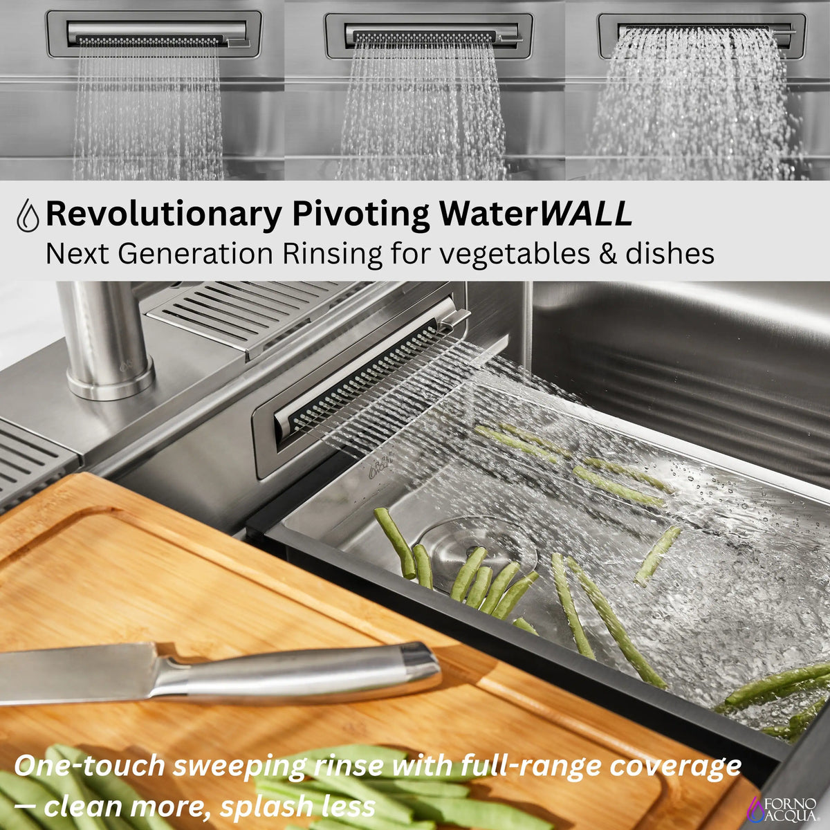 Stainless workstation sink with pivoting water wall rinse for dishes and vegetables