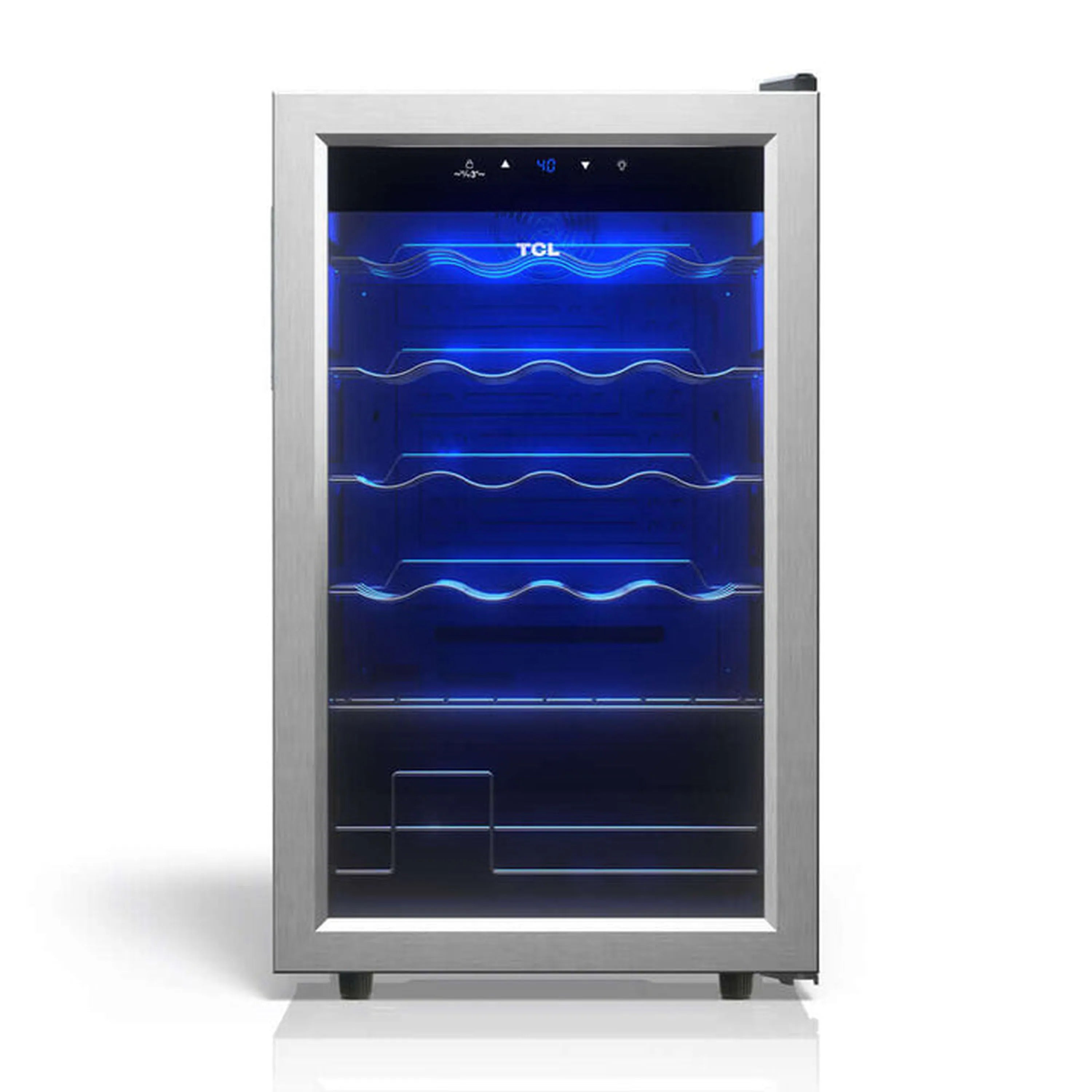 Freestanding wine cooler with glass door, blue LED shelves, and top control panel