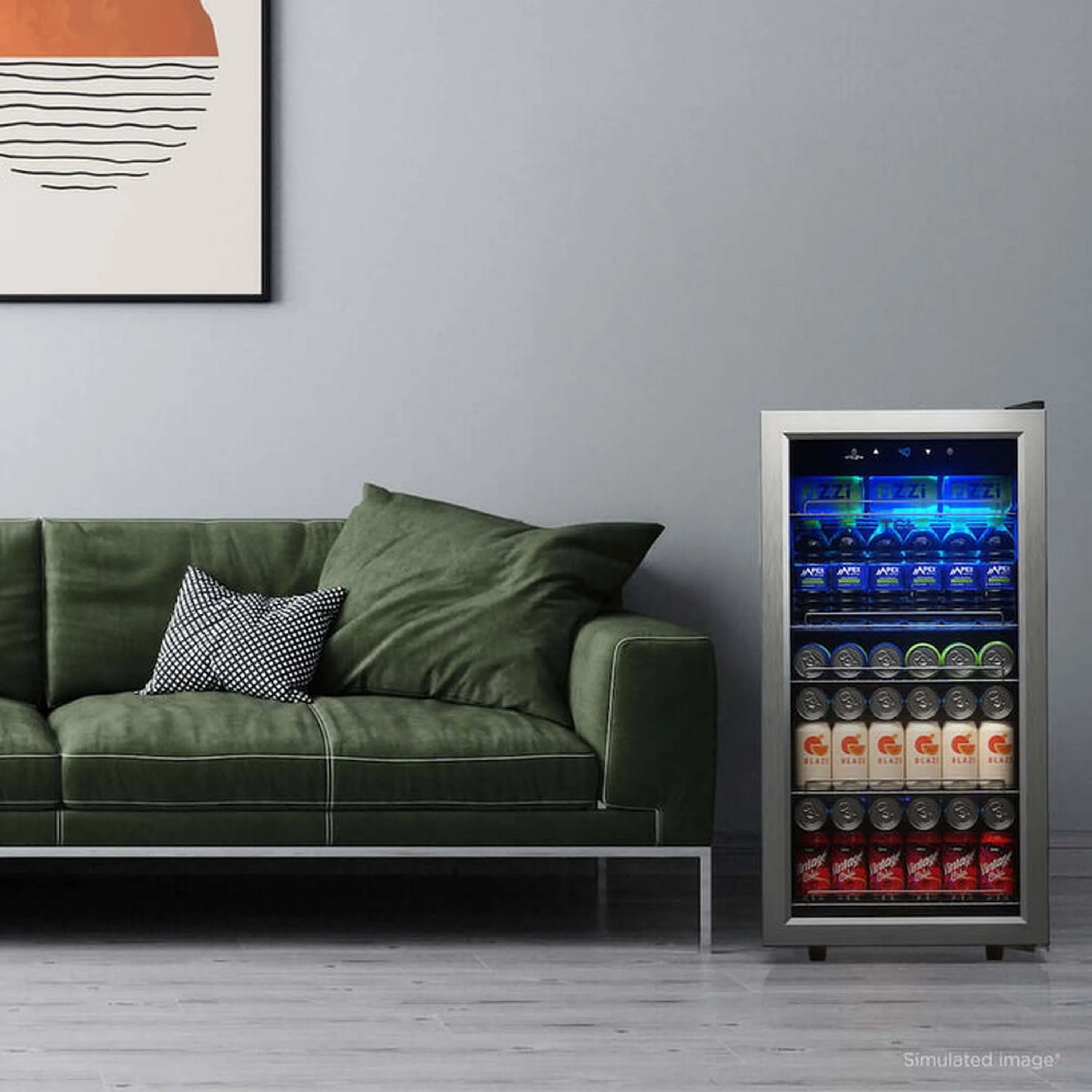 Freestanding beverage cooler with glass door and blue LED interior, placed beside sofa