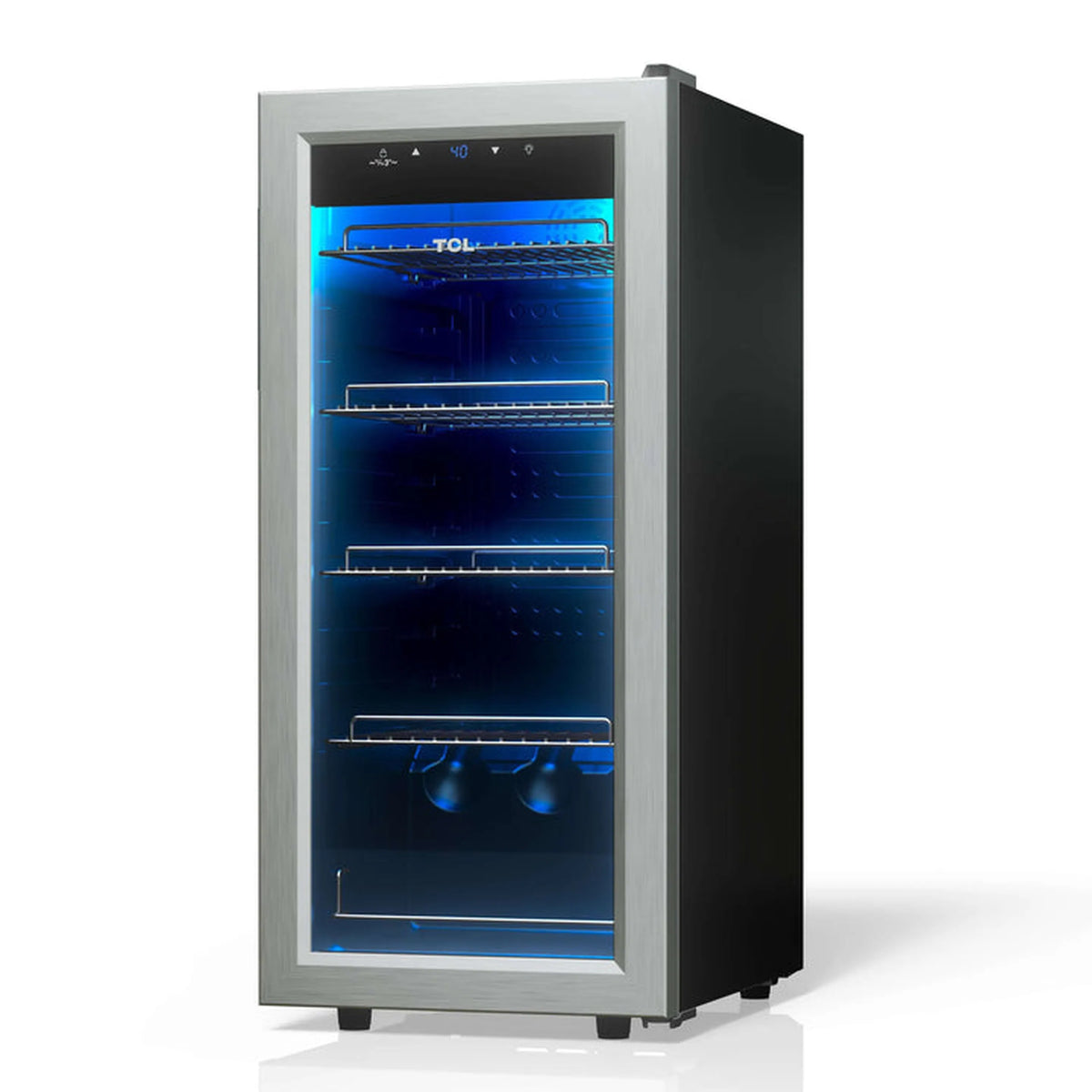 Freestanding beverage cooler with glass door and blue LED interior light