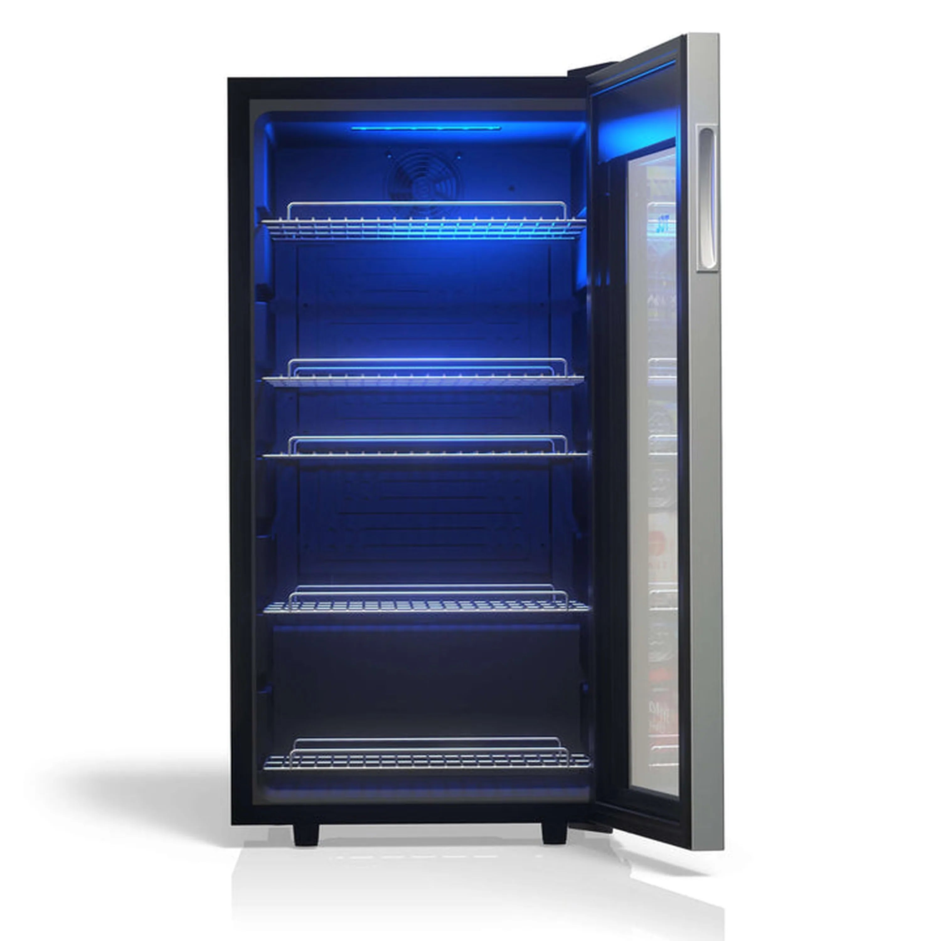 Freestanding beverage cooler with glass door open, showing interior shelves and blue LED