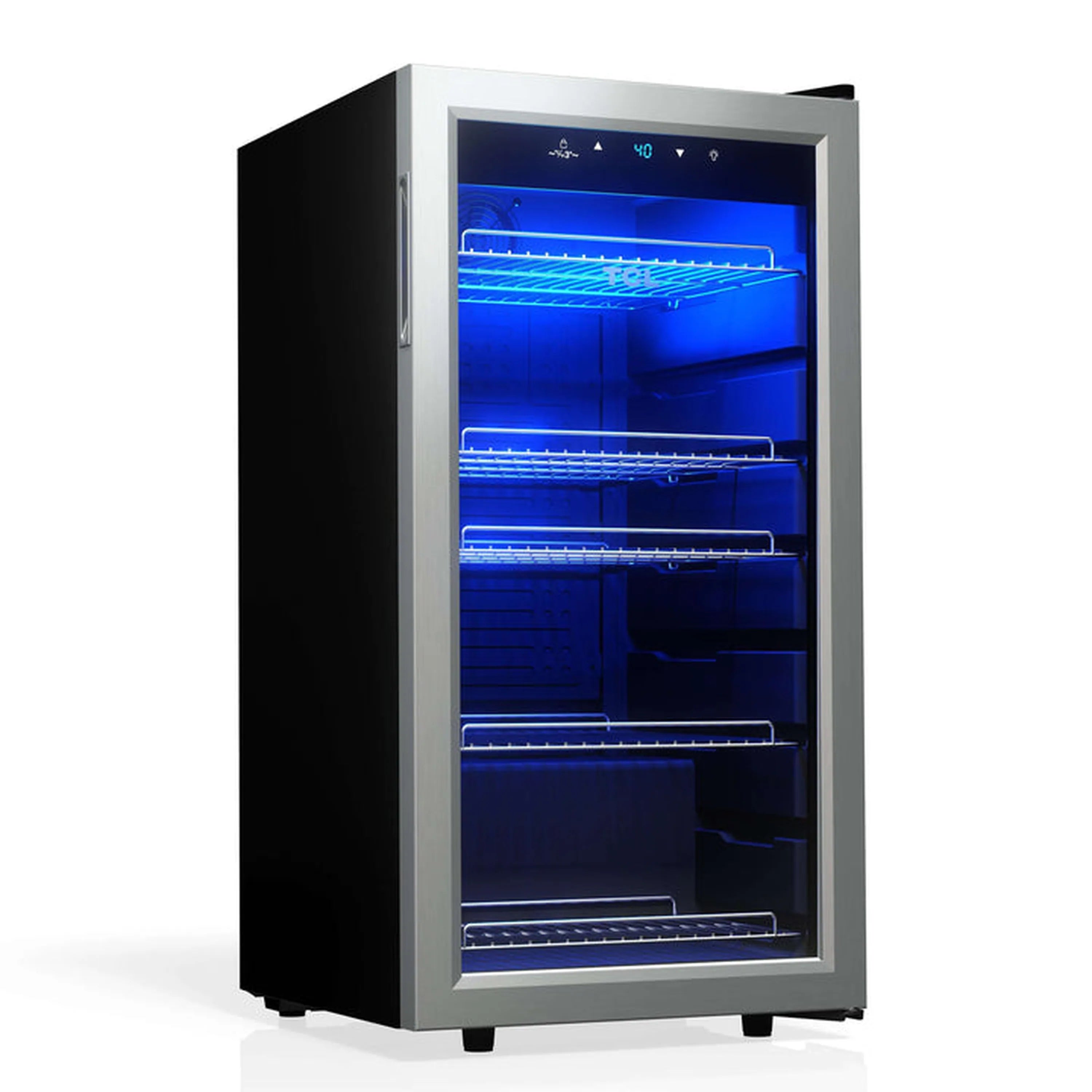 Freestanding beverage cooler with glass door and blue LED interior lighting