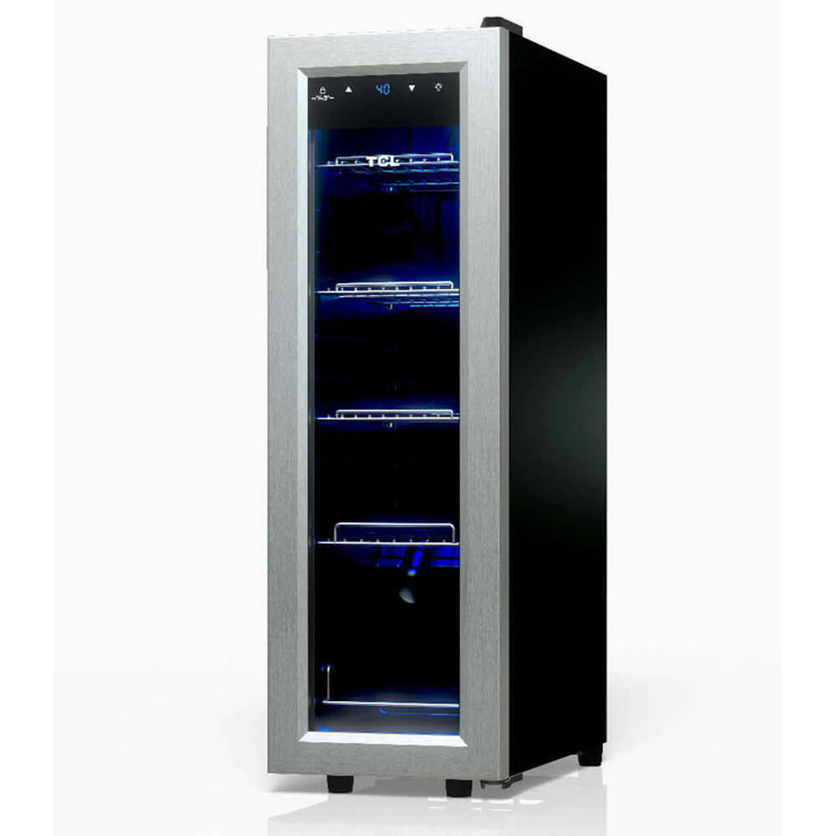 Freestanding beverage cooler with glass door, side view, and interior blue LED glow