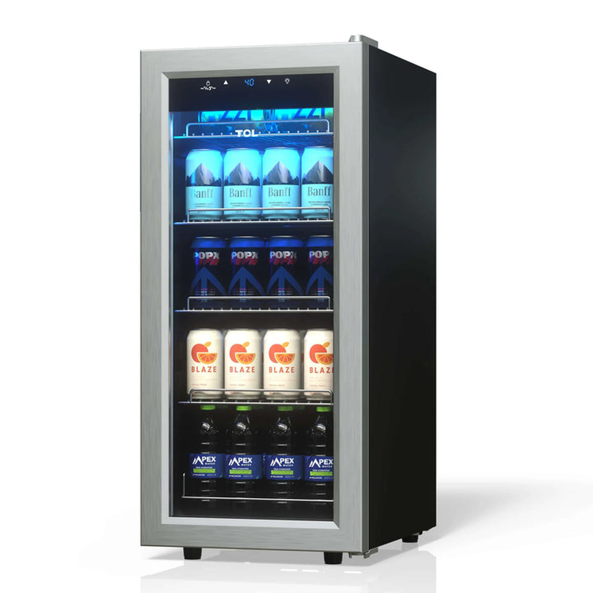 Freestanding beverage cooler with glass door, stocked drinks, and blue LED interior light