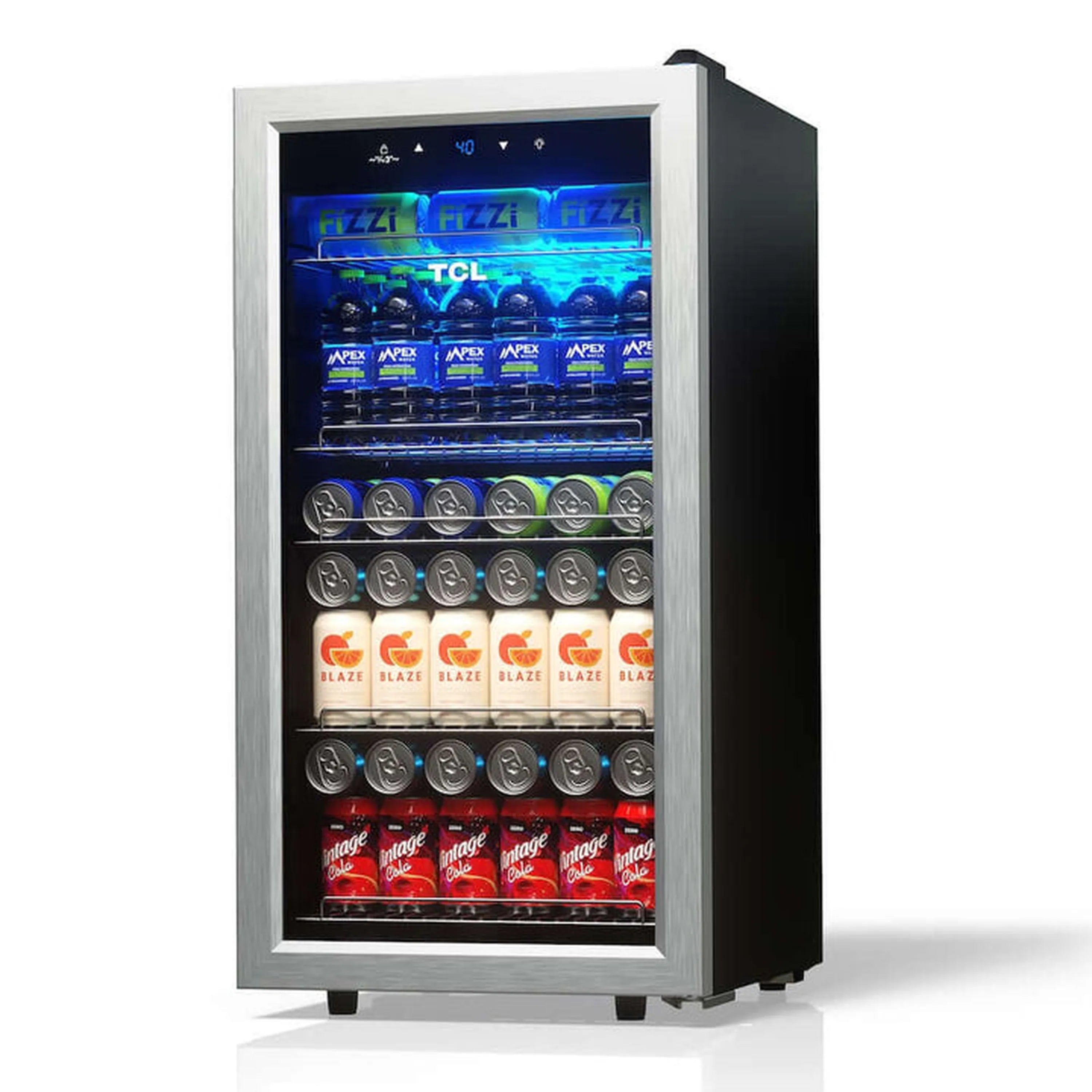 Freestanding beverage cooler with glass door and blue LED, stocked with drinks