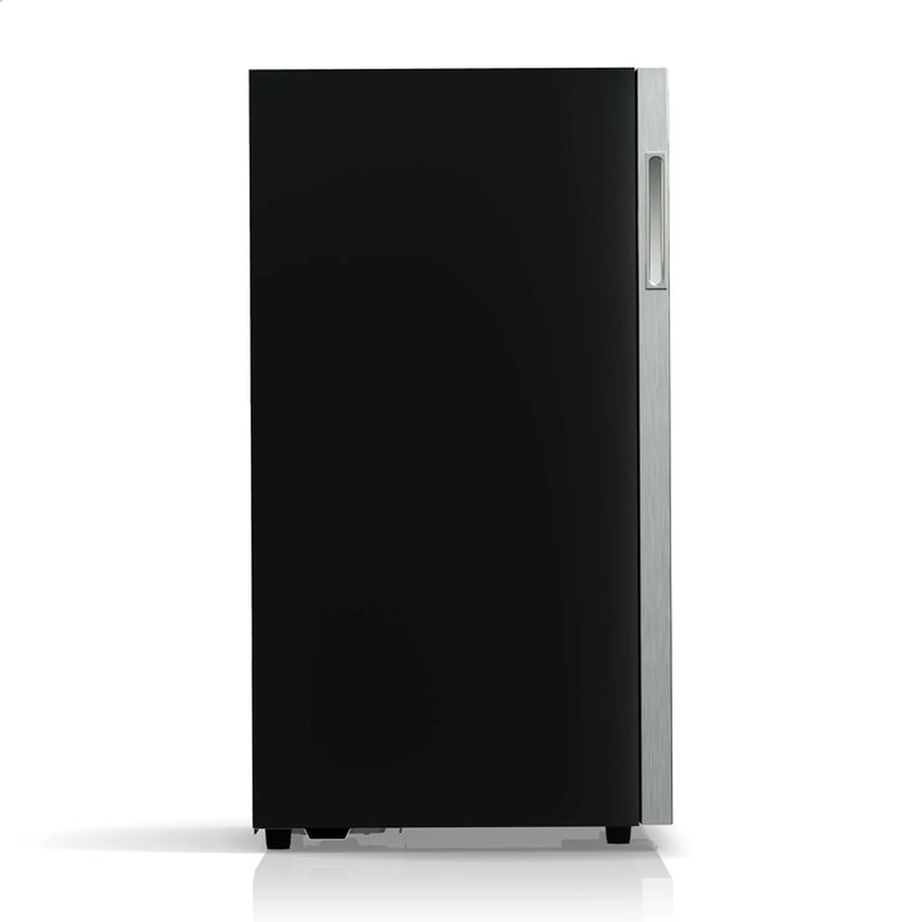 Black freestanding beverage cooler with side handle and tinted glass door