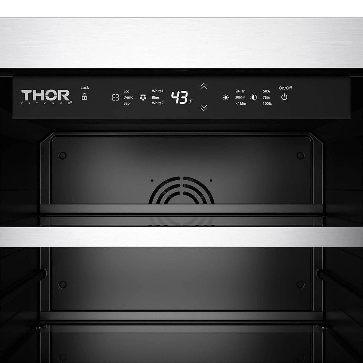 Digital control panel on stainless steel beverage cooler with THOR branding and icons.