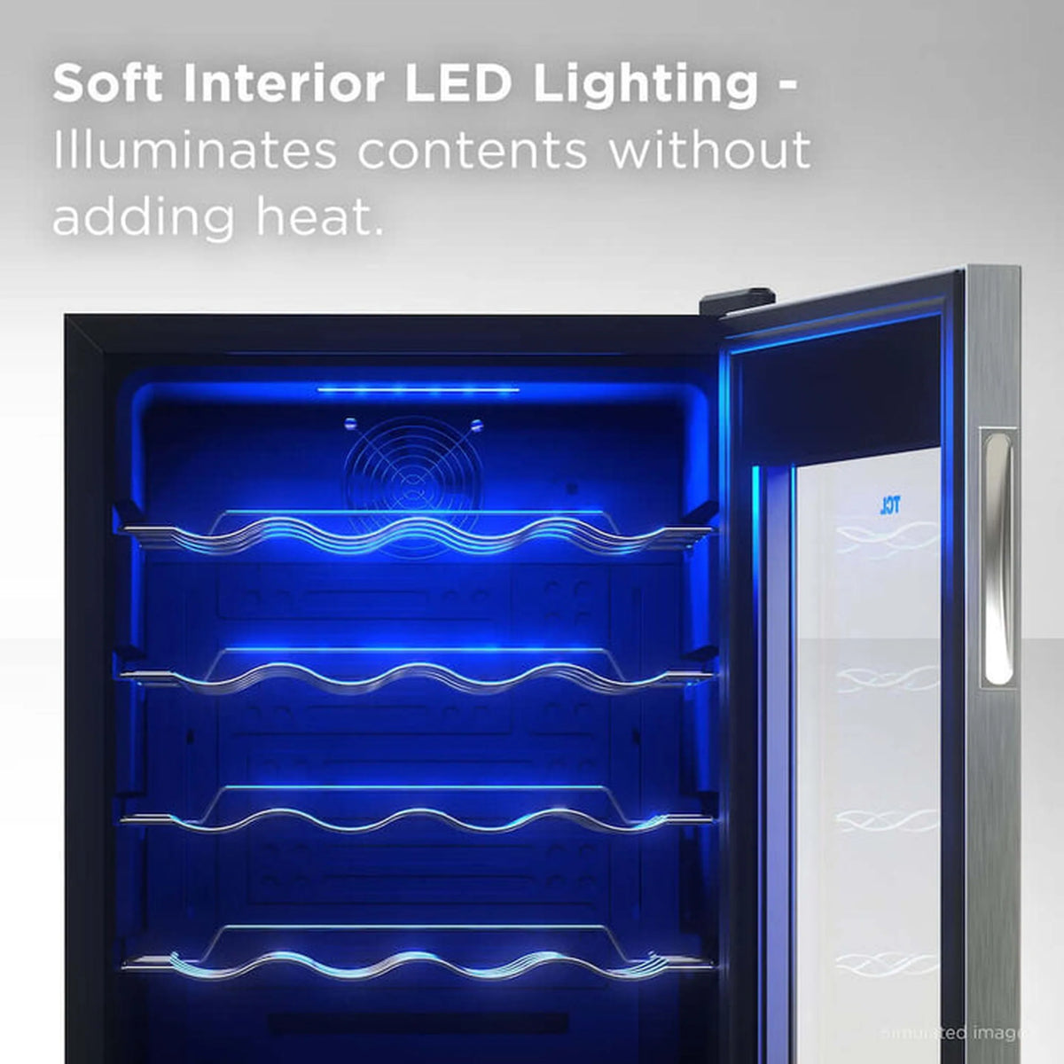 Wine cooler with soft blue LED lighting inside glass door and wire shelves